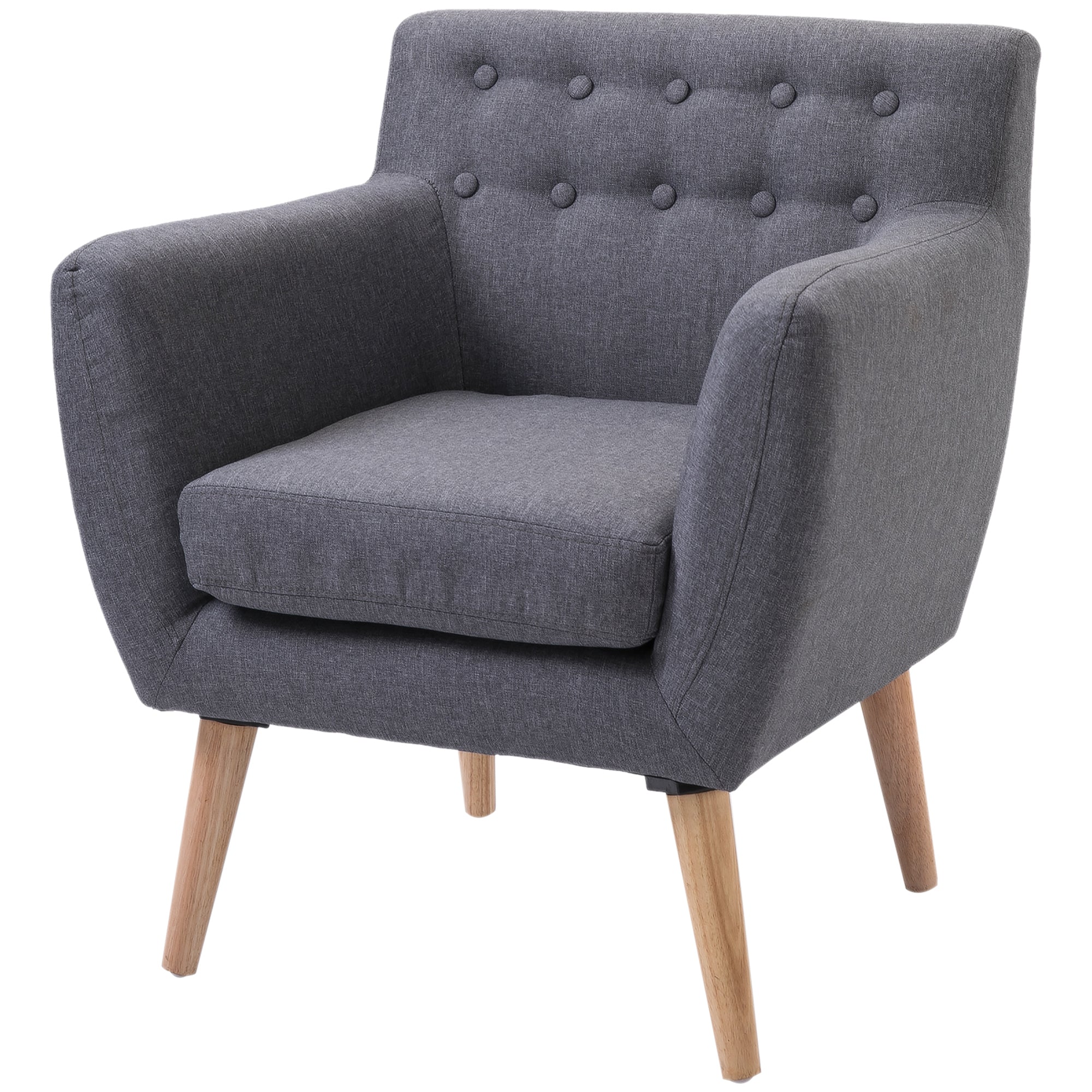 HOMCOM Mid-Century Modern Accent Chair, Linen Upholstery Armchair, Tufted Club Chair with Wood Frame and Thick Padding for Living Room, Bedroom, Light Grey
