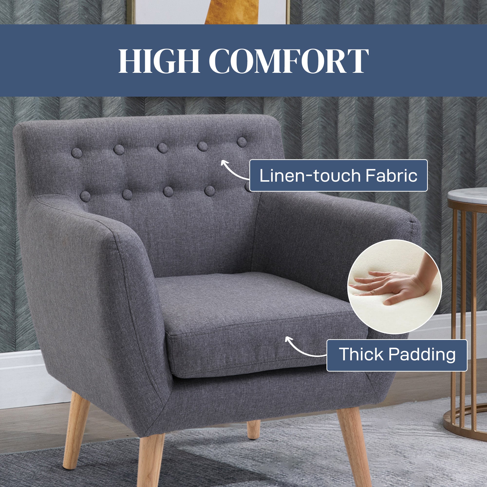 HOMCOM Mid-Century Modern Accent Chair, Linen Upholstery Armchair, Tufted Club Chair with Wood Frame and Thick Padding for Living Room, Bedroom, Light Grey