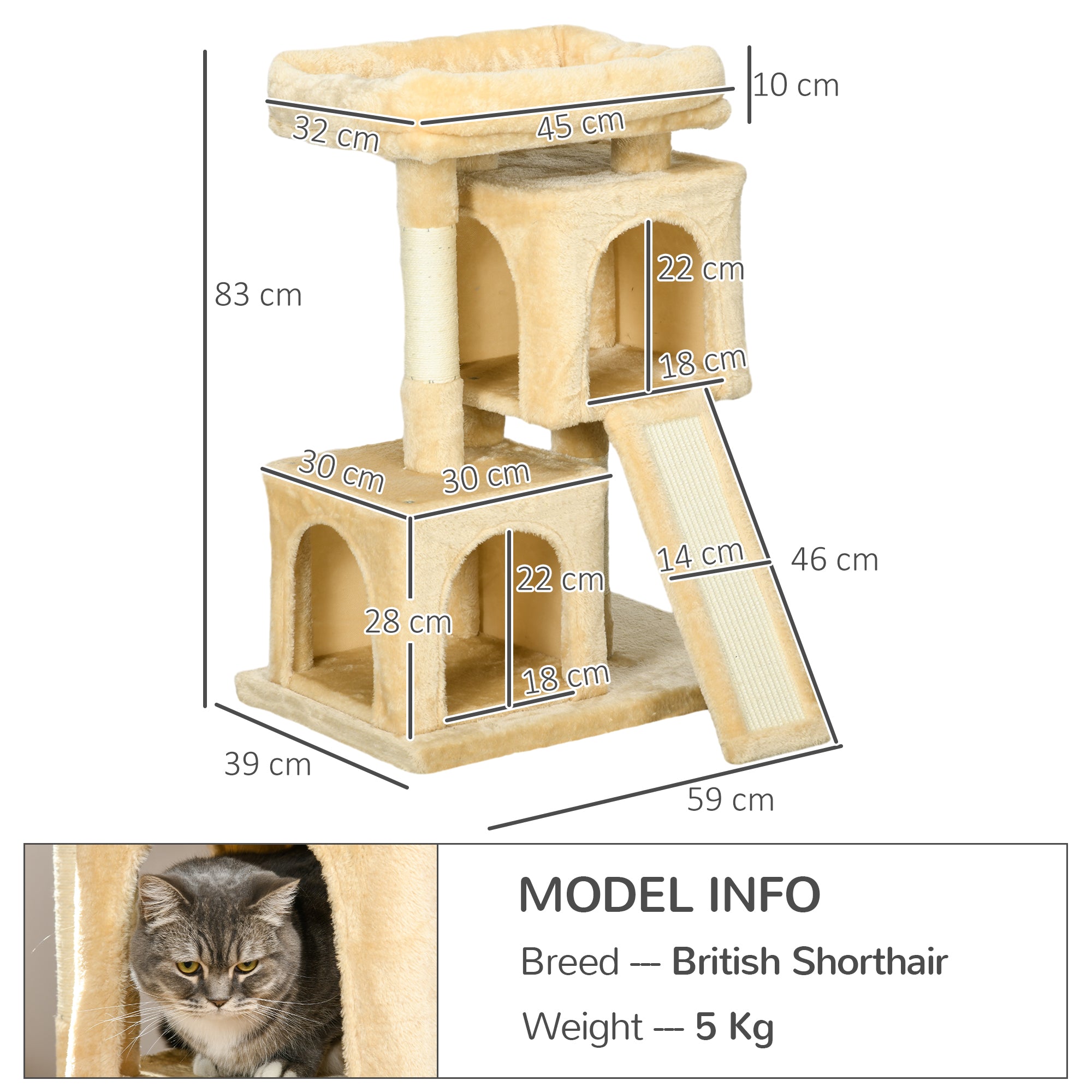 PawHut Cat Tree for Indoor Cats 83cm Cat Scratching Post Scratch Board Kitten Tower Climbing Frame Cream White
