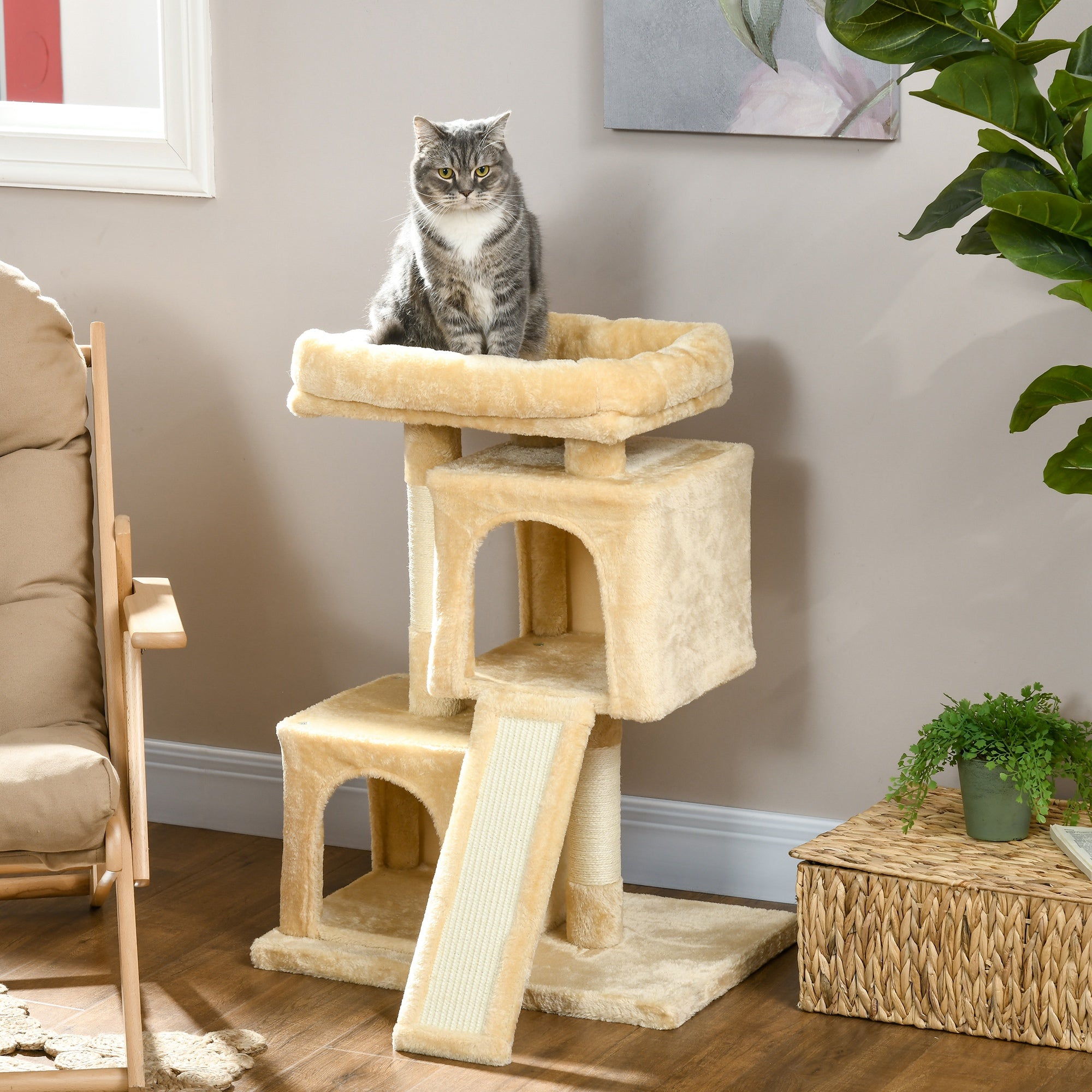 PawHut Cat Tree for Indoor Cats 83cm Cat Scratching Post Scratch Board Kitten Tower Climbing Frame Cream White