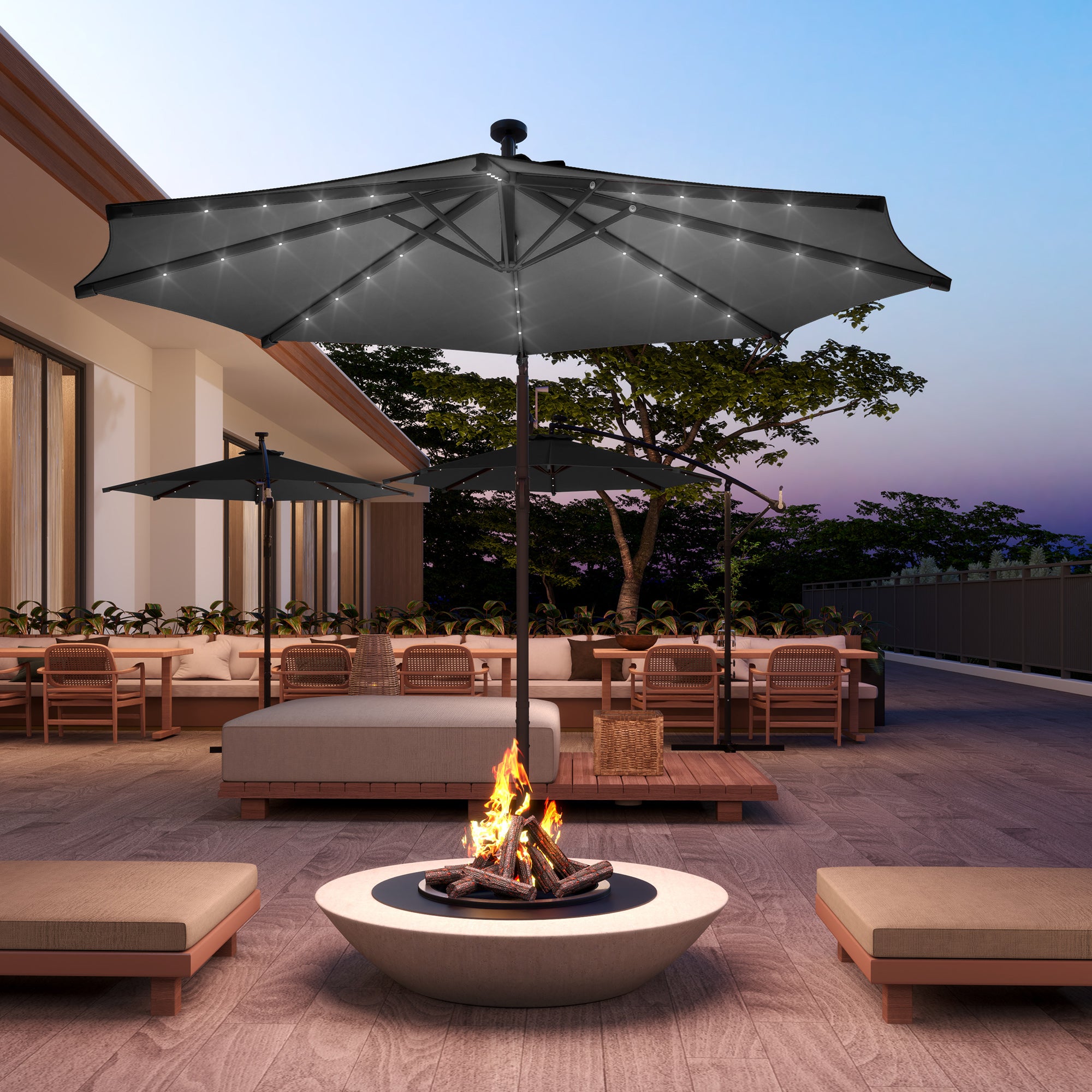 Outsunny 10ft Outdoor Cantilever Umbrella with Solar Lights, Banana Umbrella with Adjustable Angle for Patio, Backyard, Black