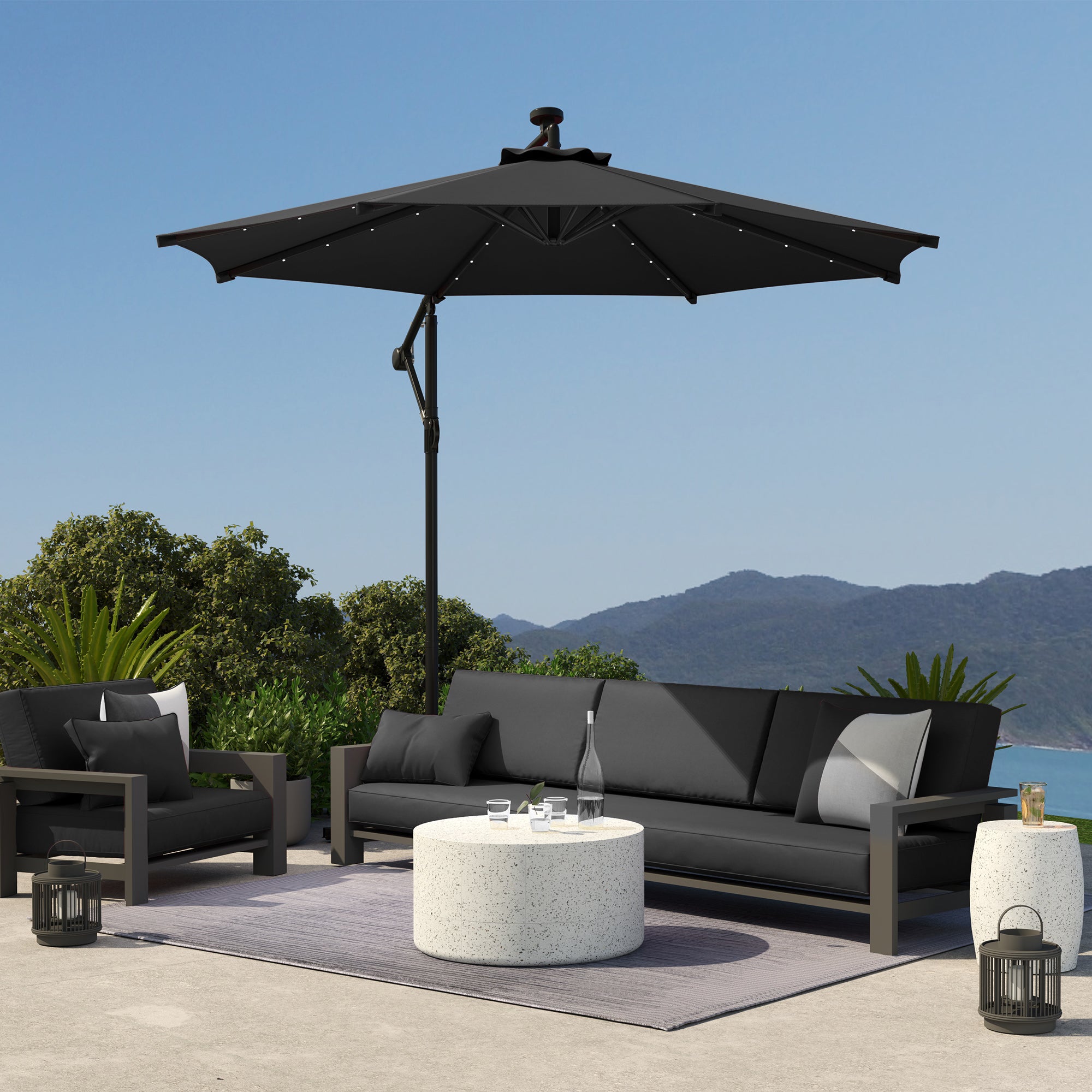 Outsunny 10ft Outdoor Cantilever Umbrella with Solar Lights, Banana Umbrella with Adjustable Angle for Patio, Backyard, Black