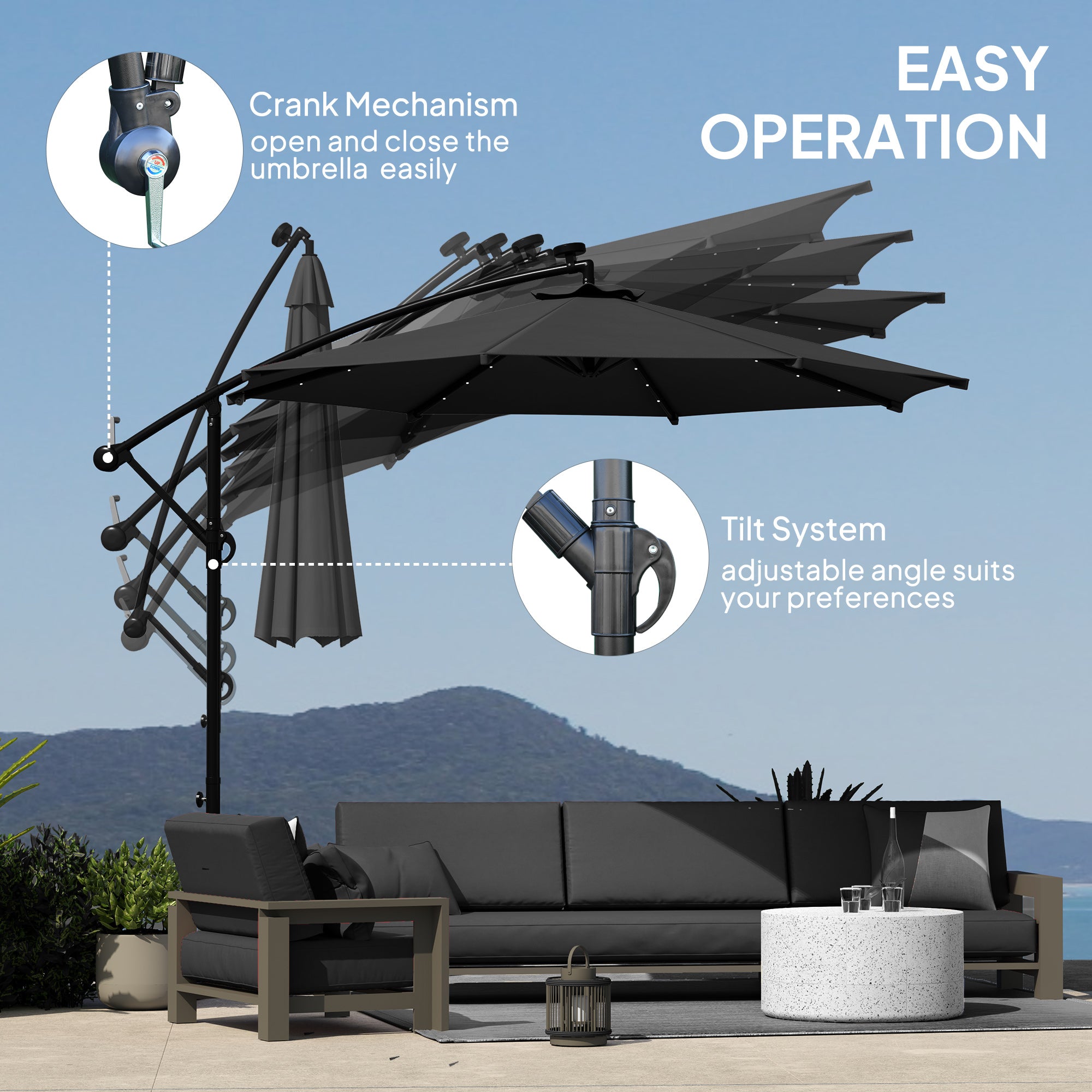Outsunny 10ft Outdoor Cantilever Umbrella with Solar Lights, Banana Umbrella with Adjustable Angle for Patio, Backyard, Black