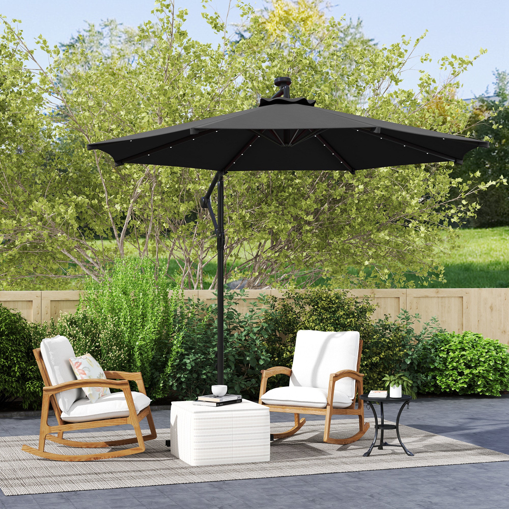 Outsunny 10ft Outdoor Cantilever Umbrella with Solar Lights, Banana Umbrella with Adjustable Angle for Patio, Backyard, Black