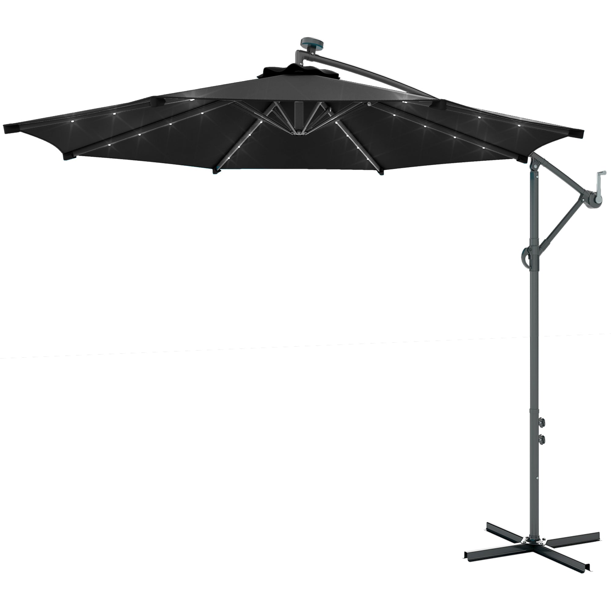 Outsunny 10ft Outdoor Cantilever Umbrella with Solar Lights, Banana Umbrella with Adjustable Angle for Patio, Backyard, Black