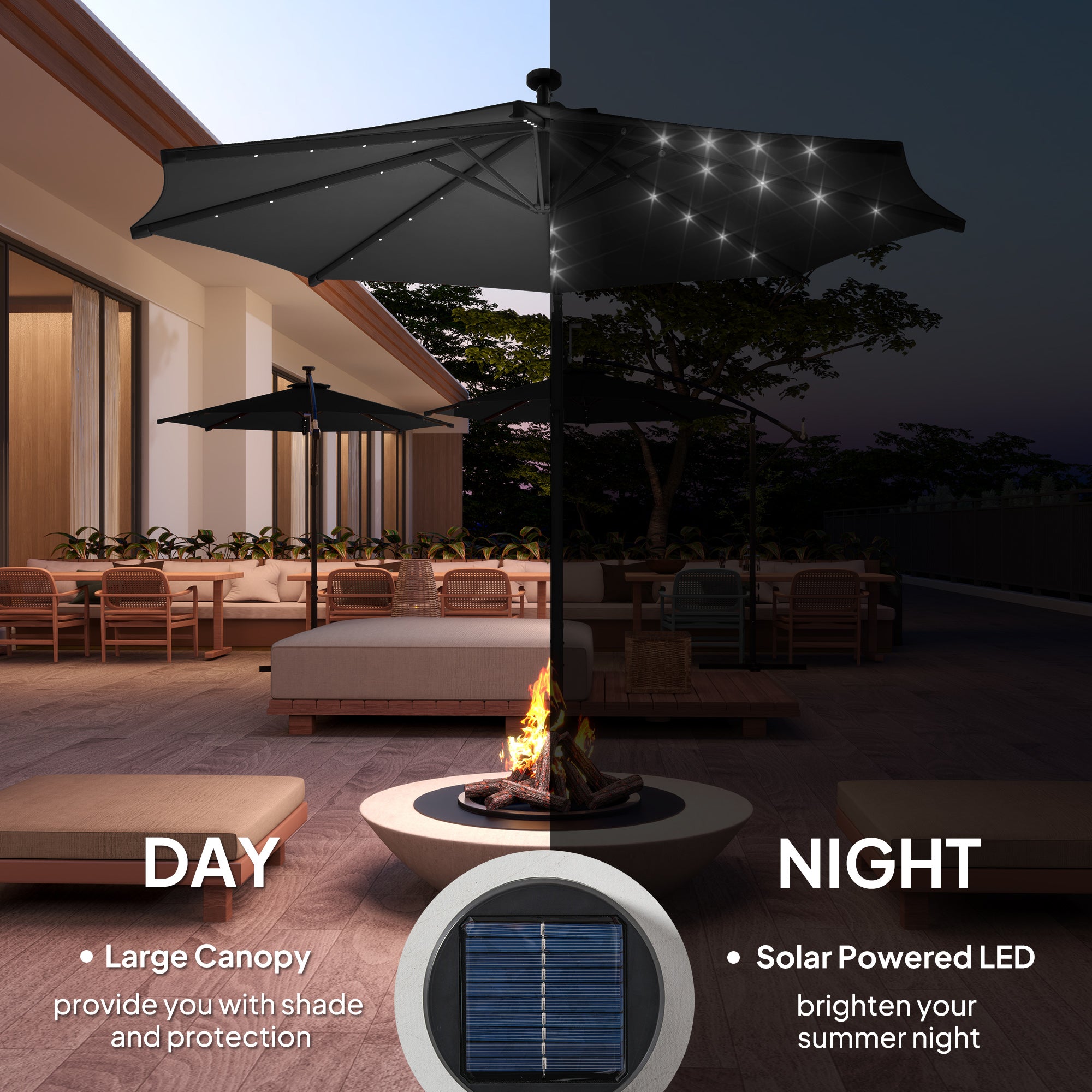 Outsunny 10ft Outdoor Cantilever Umbrella with Solar Lights, Banana Umbrella with Adjustable Angle for Patio, Backyard, Black