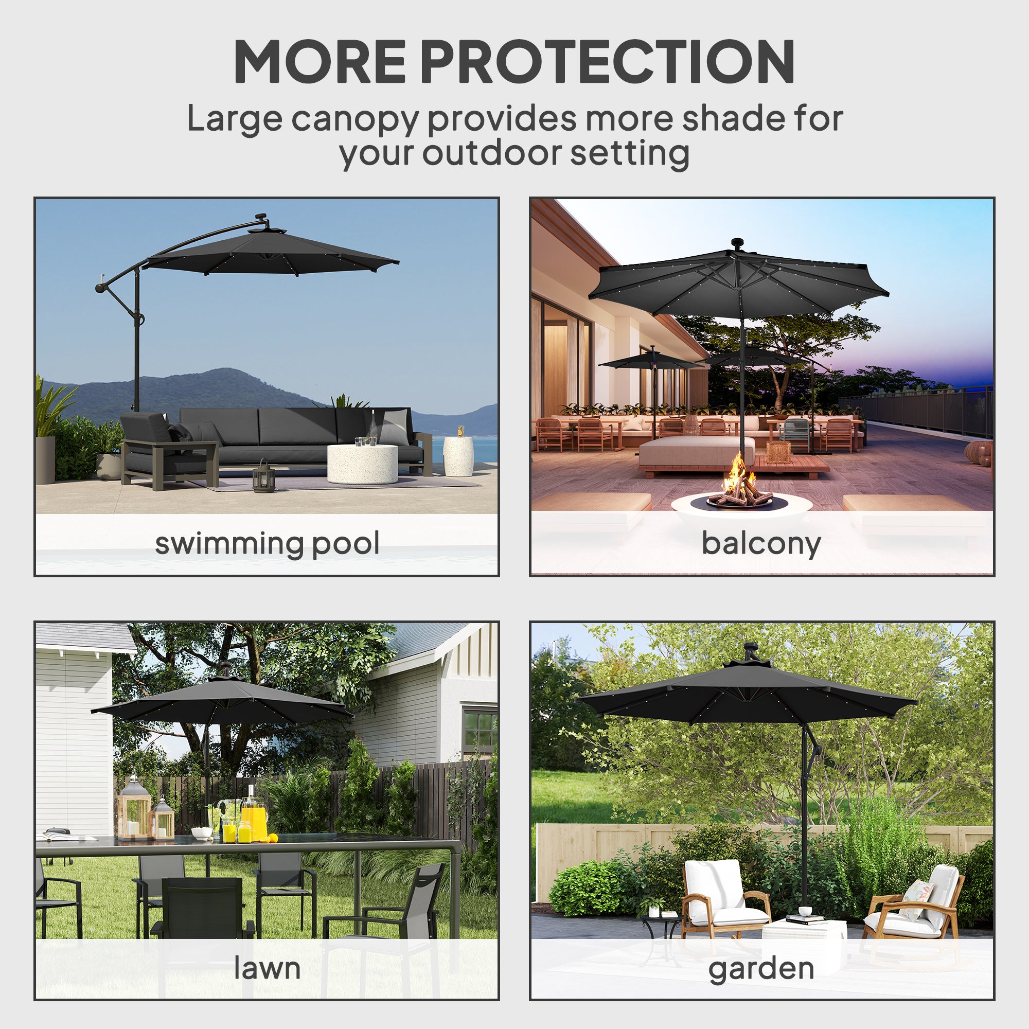 Outsunny 10ft Outdoor Cantilever Umbrella with Solar Lights, Banana Umbrella with Adjustable Angle for Patio, Backyard, Black