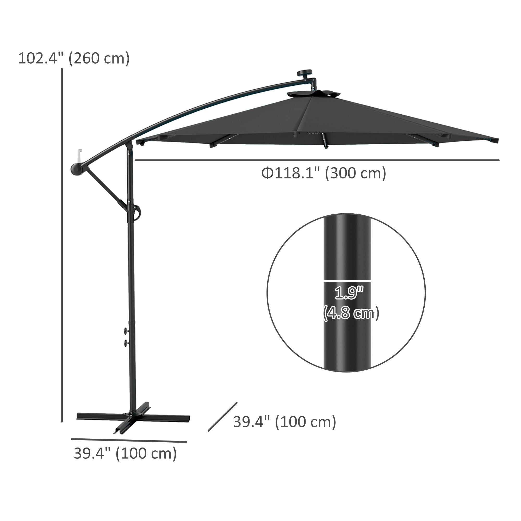 Outsunny 10ft Outdoor Cantilever Umbrella with Solar Lights, Banana Umbrella with Adjustable Angle for Patio, Backyard, Black