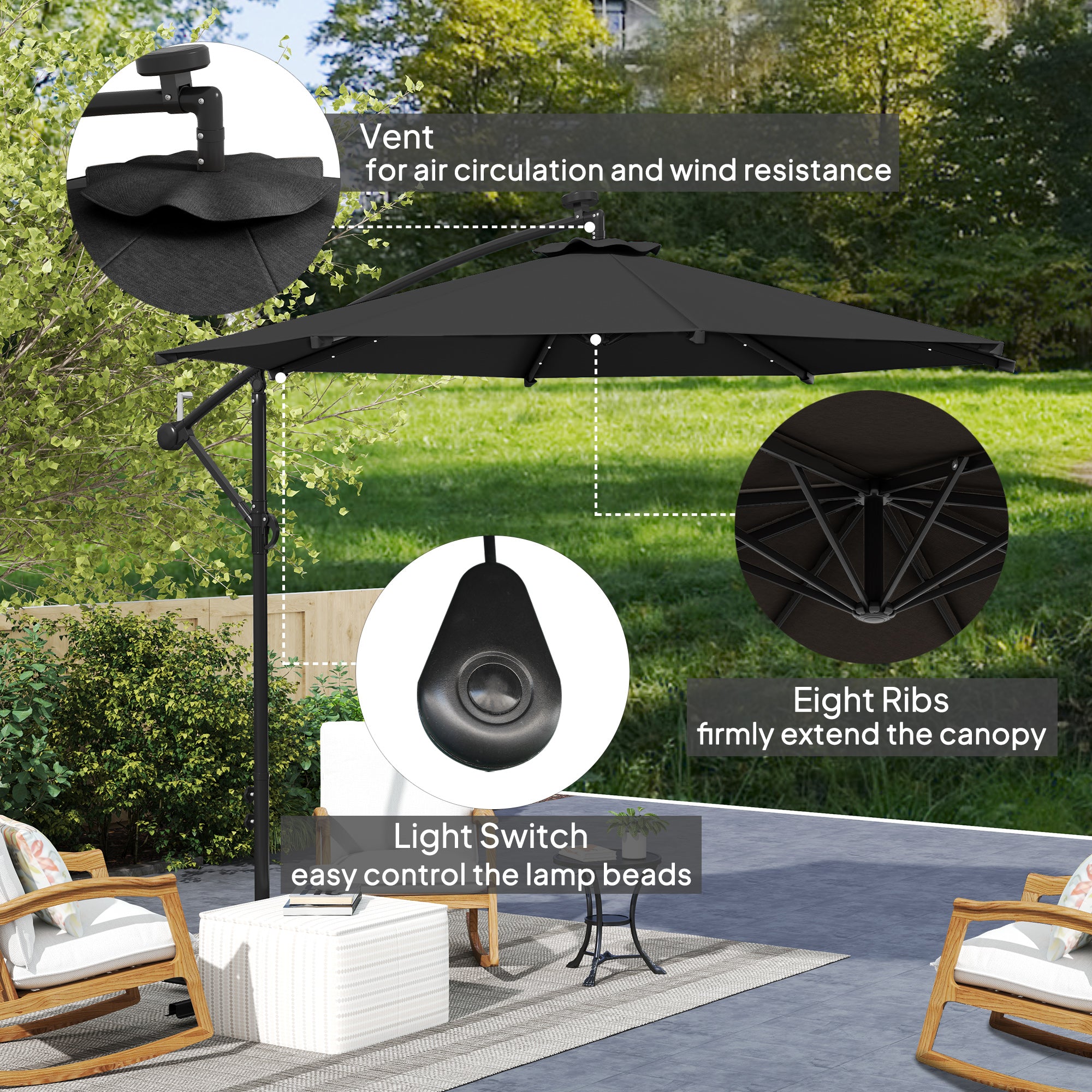Outsunny 10ft Outdoor Cantilever Umbrella with Solar Lights, Banana Umbrella with Adjustable Angle for Patio, Backyard, Black