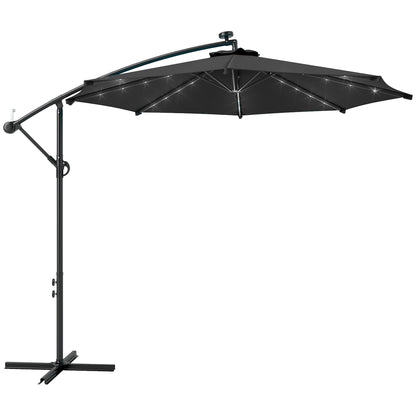 Outsunny 10ft Outdoor Cantilever Umbrella with Solar Lights, Banana Umbrella with Adjustable Angle for Patio, Backyard, Black