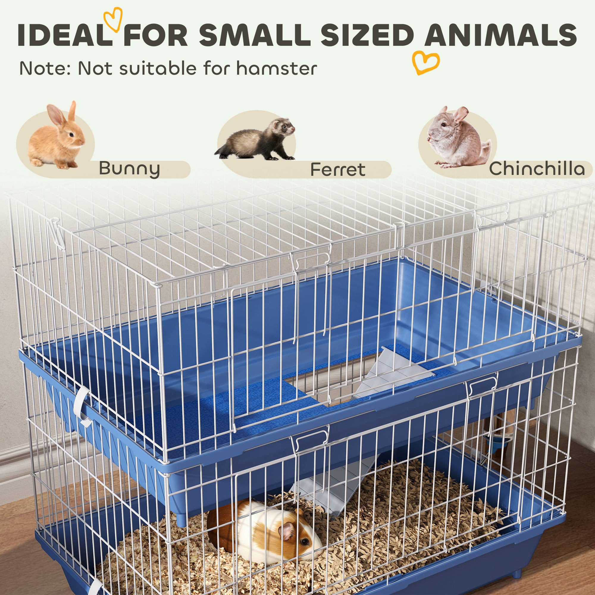 PawHut Metal Small Animal Cage, 2-Tier Guinea Pig Cage with 2 Doors, Platforms, Wide Ramp, Dish and Bottle, Deep Base, for Ferrets, Chinchillas, Bunnies, Blue