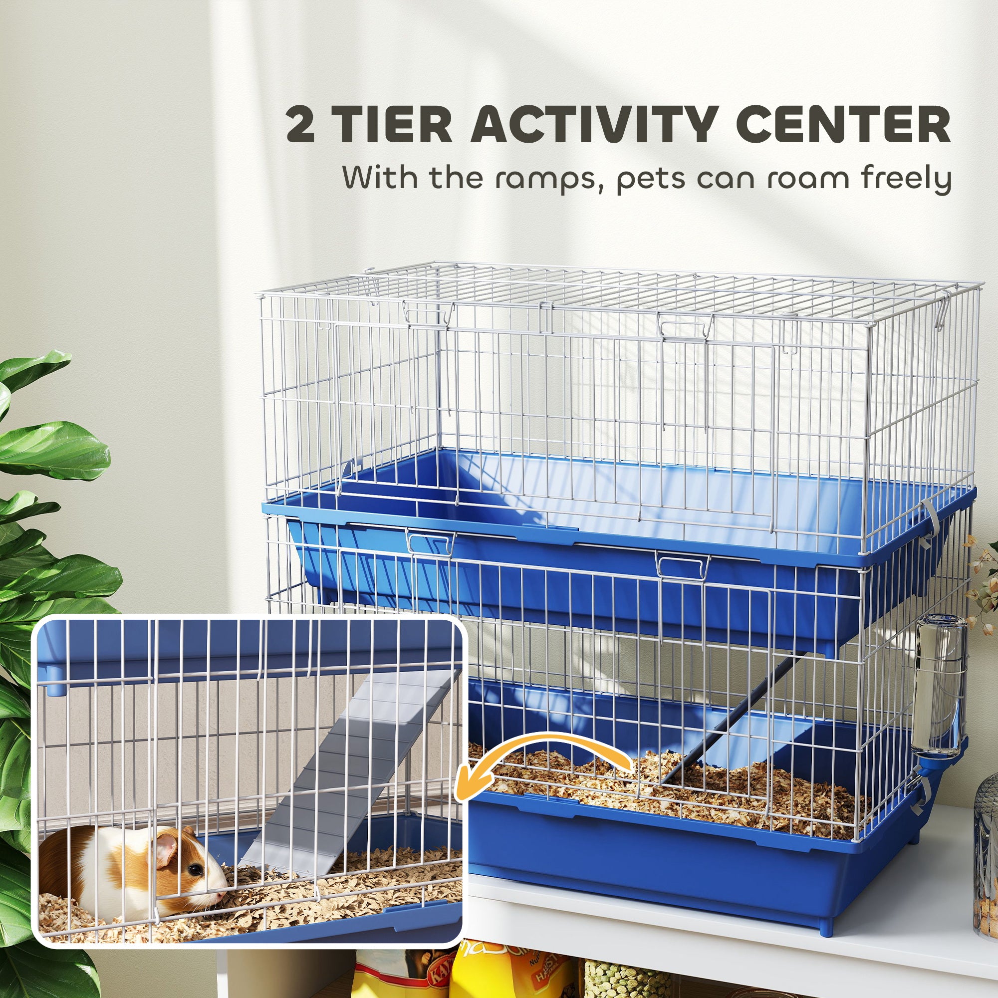 PawHut Metal Small Animal Cage, 2-Tier Guinea Pig Cage with 2 Doors, Platforms, Wide Ramp, Dish and Bottle, Deep Base, for Ferrets, Chinchillas, Bunnies, Blue