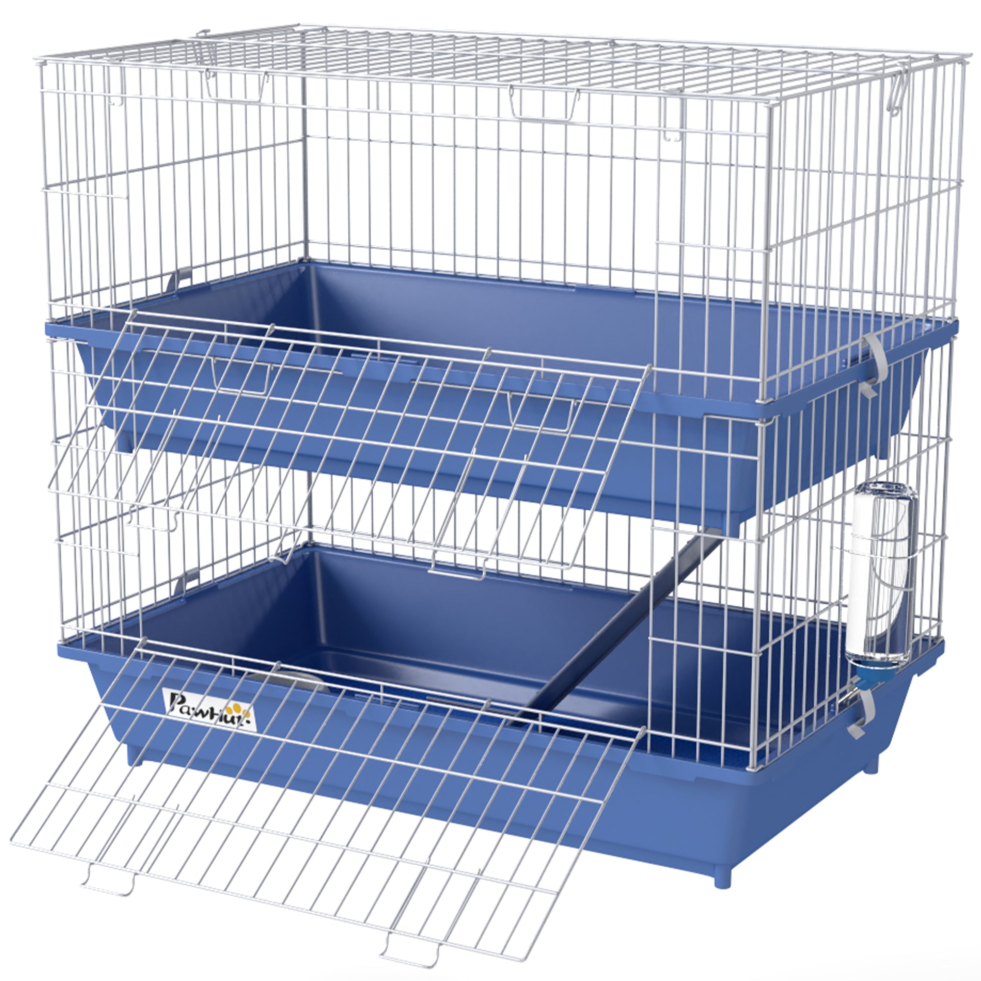PawHut Metal Small Animal Cage, 2-Tier Guinea Pig Cage with 2 Doors, Platforms, Wide Ramp, Dish and Bottle, Deep Base, for Ferrets, Chinchillas, Bunnies, Blue