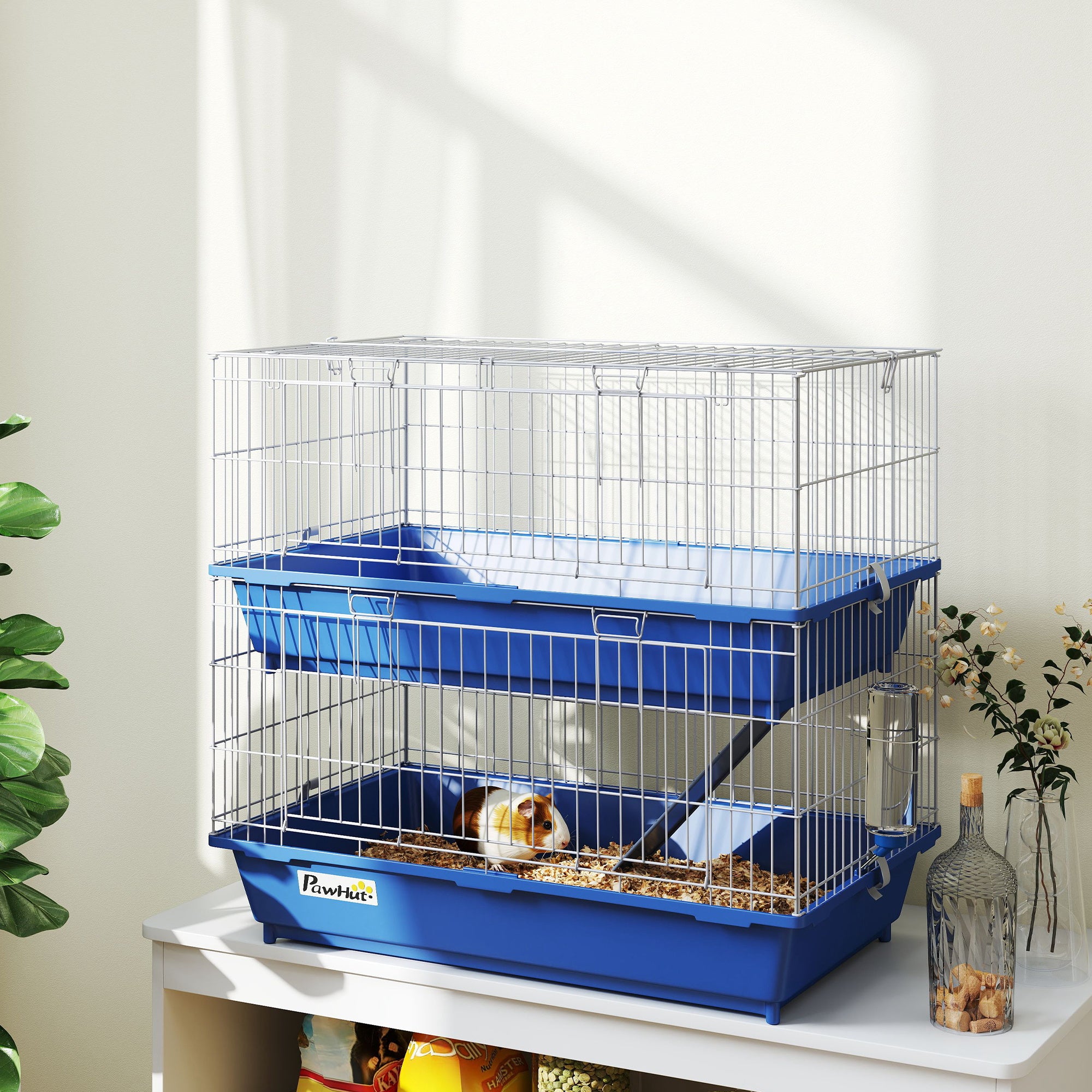 PawHut Metal Small Animal Cage, 2-Tier Guinea Pig Cage with 2 Doors, Platforms, Wide Ramp, Dish and Bottle, Deep Base, for Ferrets, Chinchillas, Bunnies, Blue