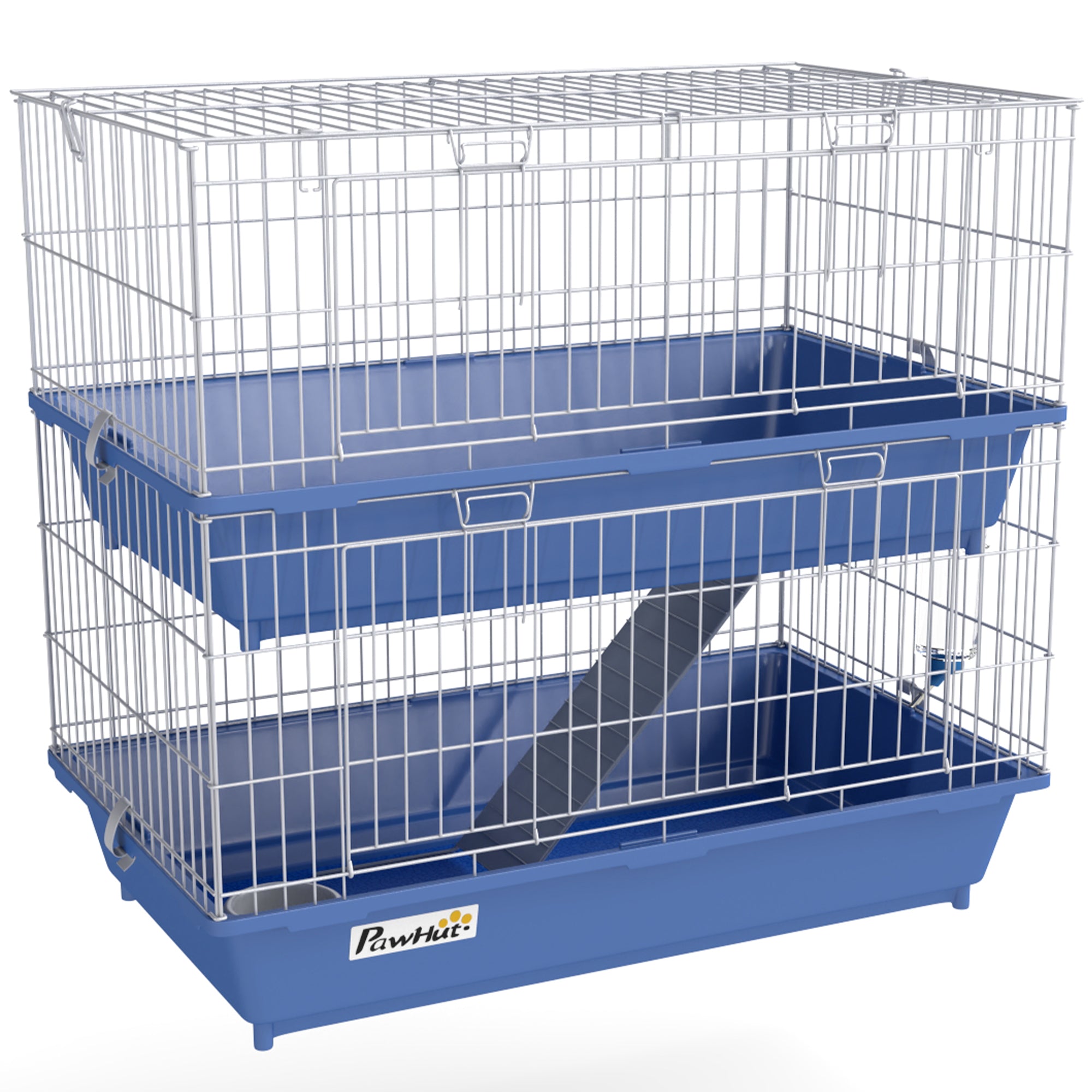 PawHut Metal Small Animal Cage, 2-Tier Guinea Pig Cage with 2 Doors, Platforms, Wide Ramp, Dish and Bottle, Deep Base, for Ferrets, Chinchillas, Bunnies, Blue