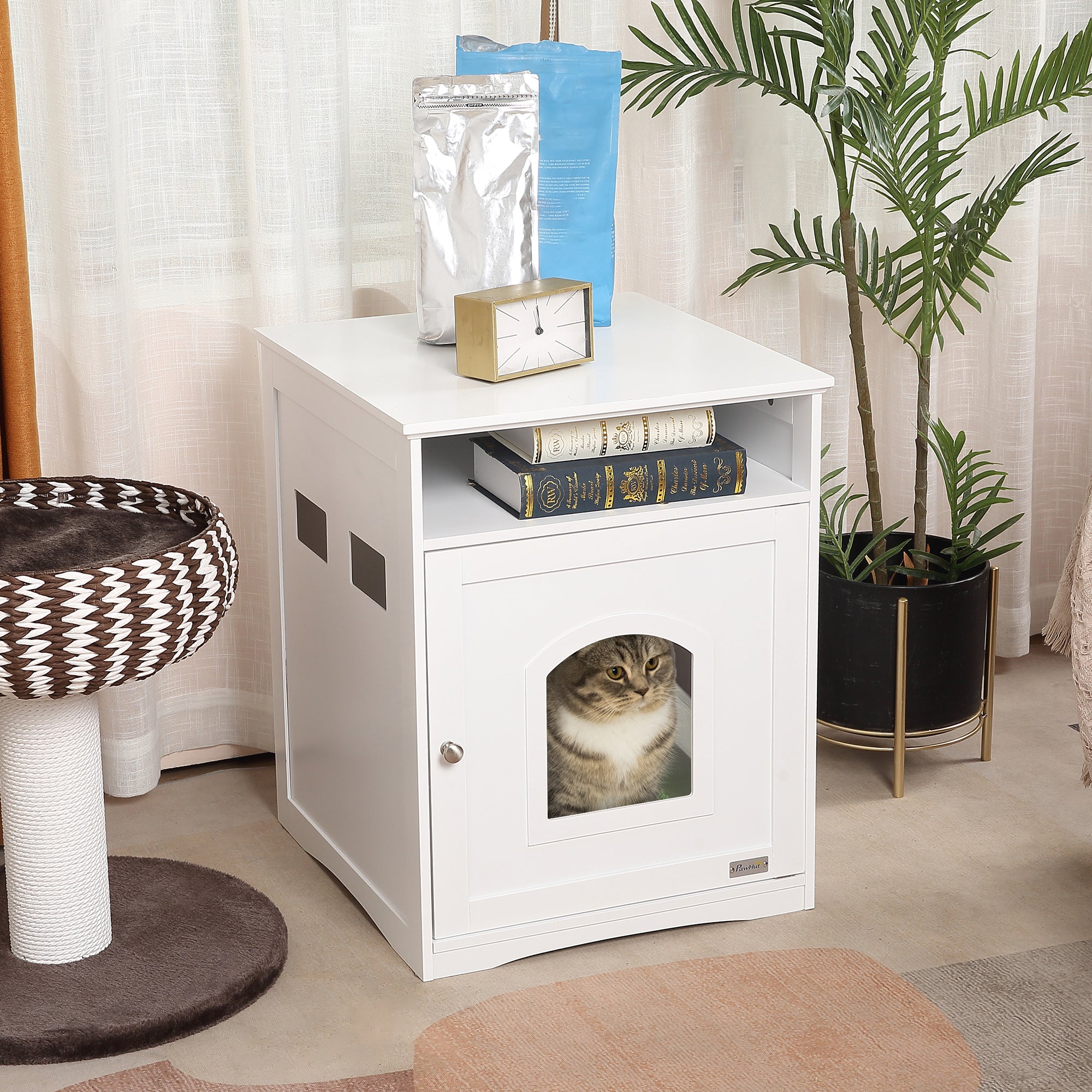PawHut Cat Litter Box Enclosure Hidden Cabinet Cat Furniture Indoor Cat Washroom Nightstand End Table with Cat-sized Hole Wide Tabletop Storage Shelf (Litter Box Not Included)