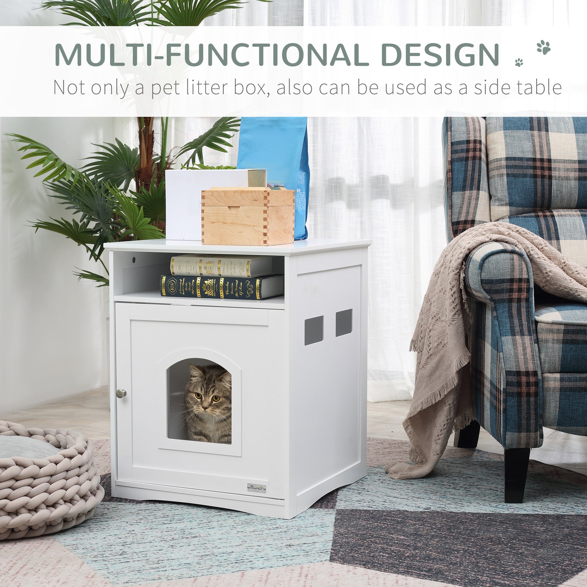 PawHut Cat Litter Box Enclosure Hidden Cabinet Cat Furniture Indoor Cat Washroom Nightstand End Table with Cat-sized Hole Wide Tabletop Storage Shelf (Litter Box Not Included)