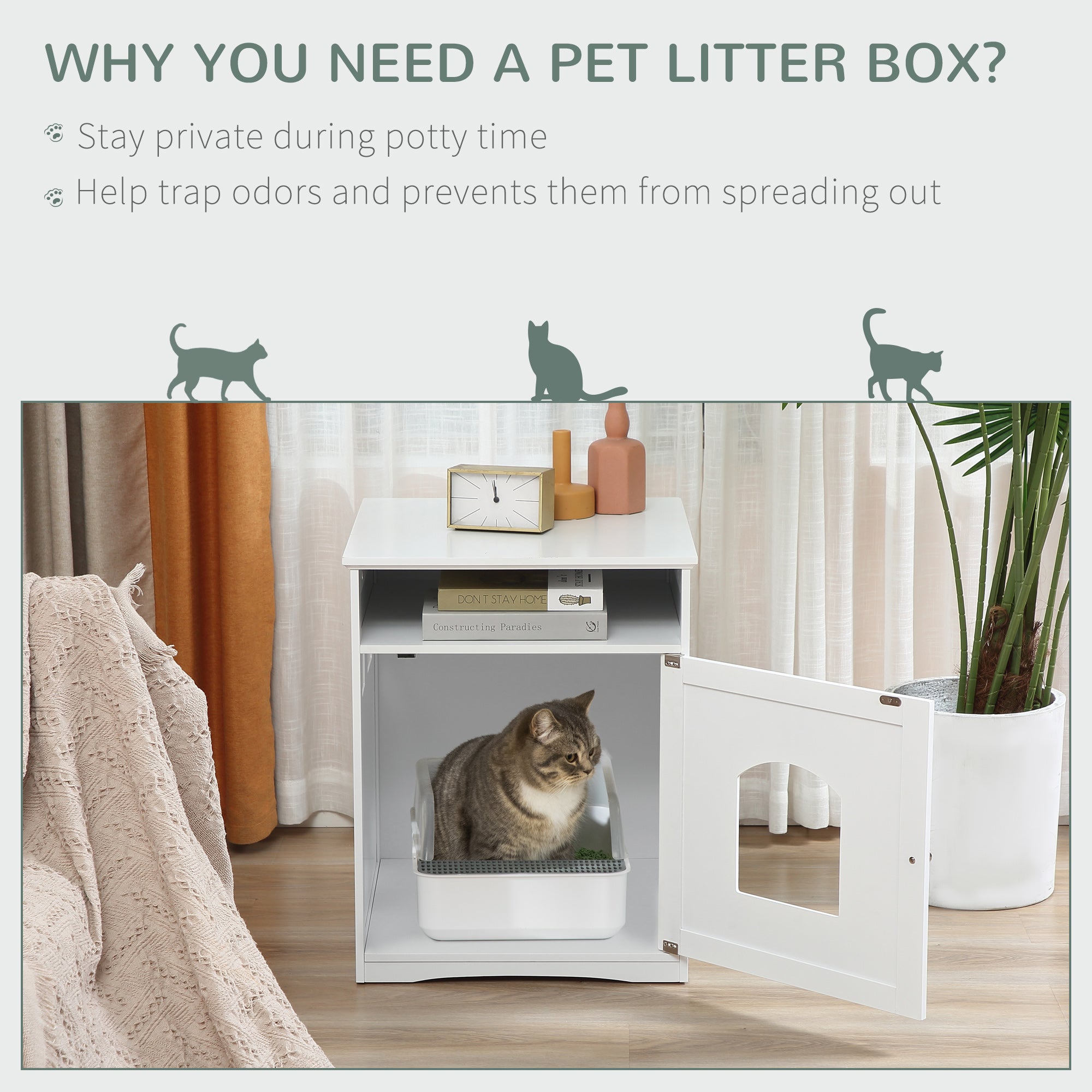 PawHut Cat Litter Box Enclosure Hidden Cabinet Cat Furniture Indoor Cat Washroom Nightstand End Table with Cat-sized Hole Wide Tabletop Storage Shelf (Litter Box Not Included)
