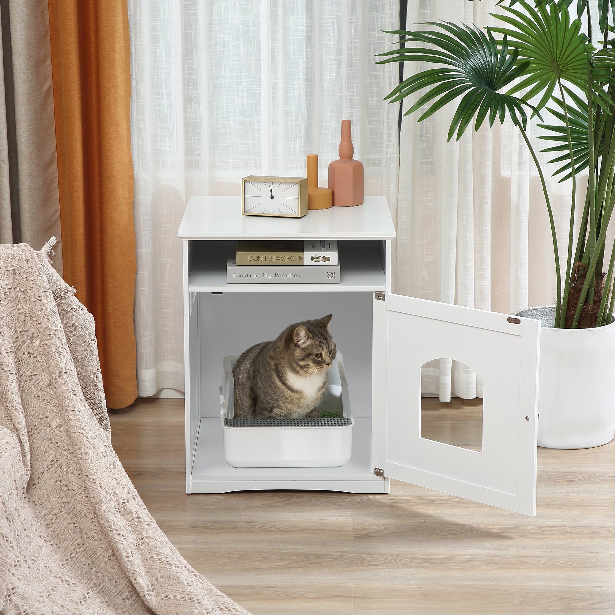 PawHut Cat Litter Box Enclosure Hidden Cabinet Cat Furniture Indoor Cat Washroom Nightstand End Table with Cat-sized Hole Wide Tabletop Storage Shelf (Litter Box Not Included)