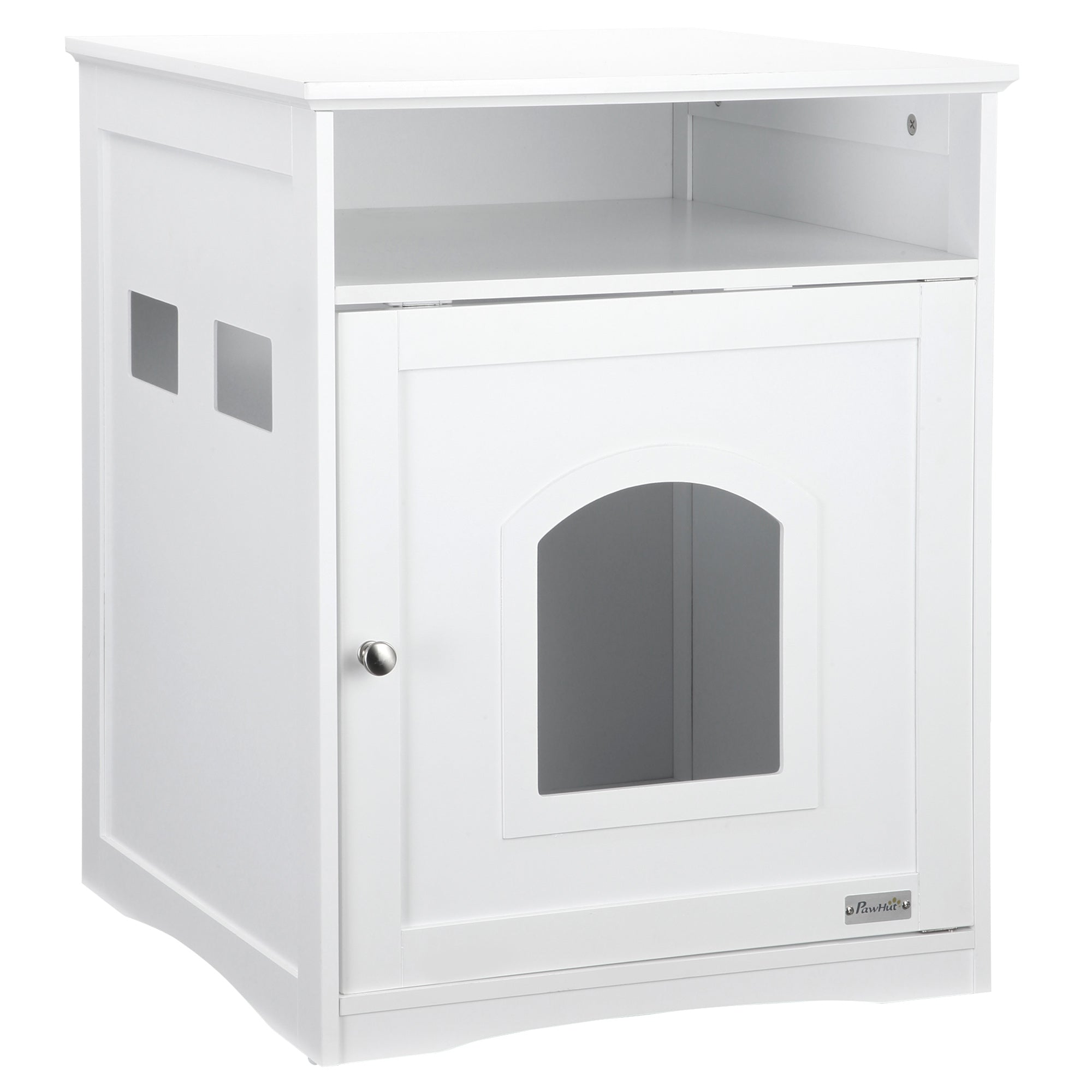 PawHut Cat Litter Box Enclosure Hidden Cabinet Cat Furniture Indoor Cat Washroom Nightstand End Table with Cat-sized Hole Wide Tabletop Storage Shelf (Litter Box Not Included)