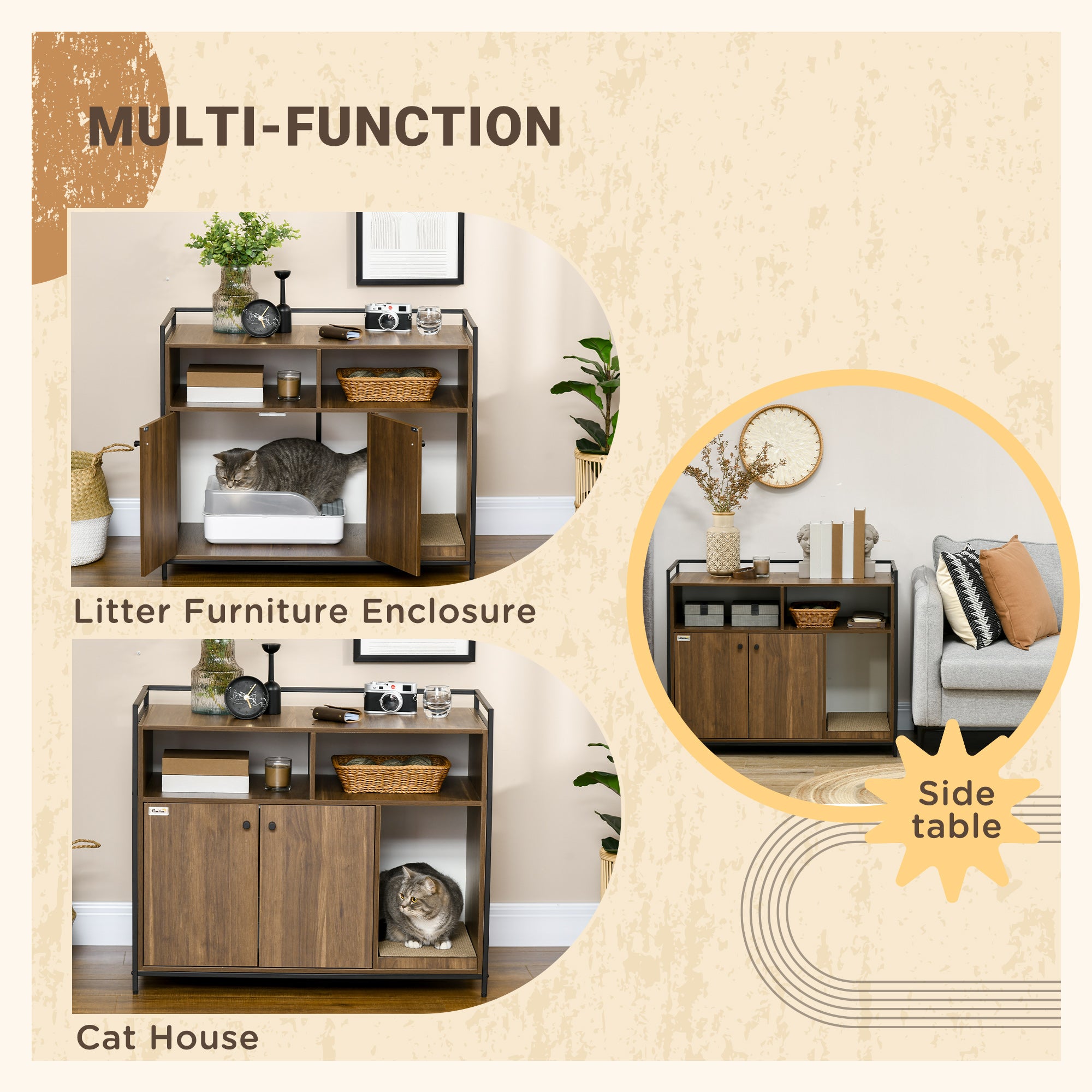 PawHut Hidden Cat Litter Box Enclosure with Storage Shelves, Cat Furniture Indoor Pet House Side Table with Scratching Pad, Double Doors, Brown