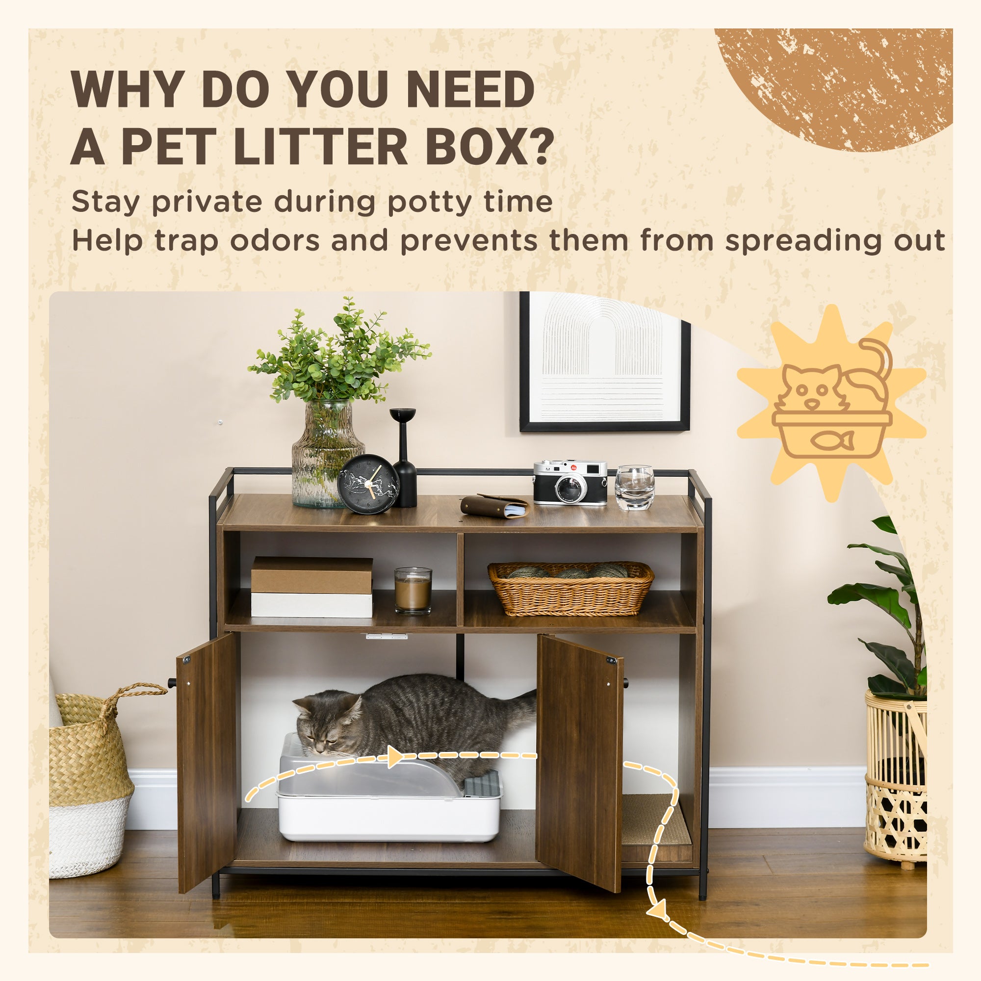 PawHut Hidden Cat Litter Box Enclosure with Storage Shelves, Cat Furniture Indoor Pet House Side Table with Scratching Pad, Double Doors, Brown