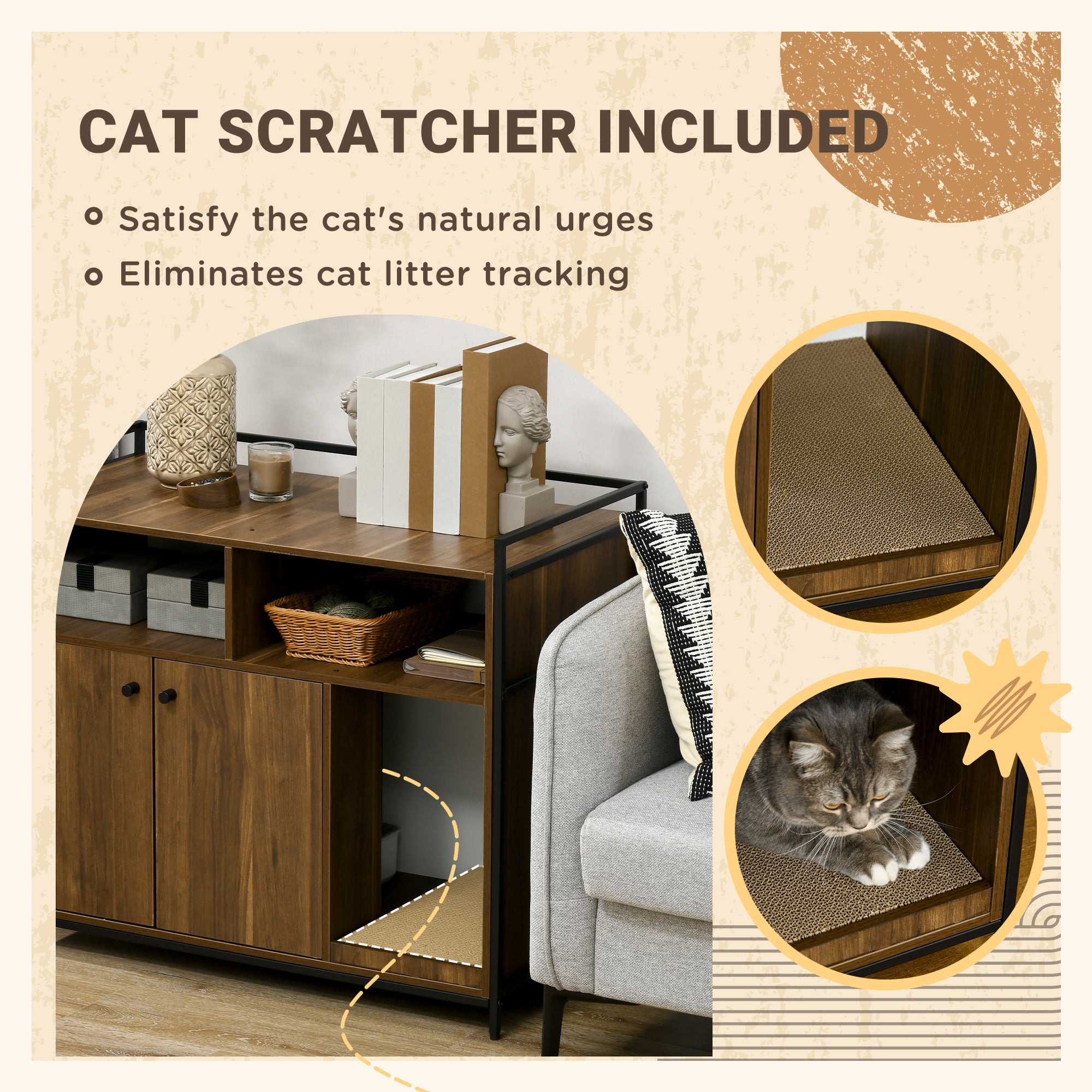 PawHut Hidden Cat Litter Box Enclosure with Storage Shelves, Cat Furniture Indoor Pet House Side Table with Scratching Pad, Double Doors, Brown