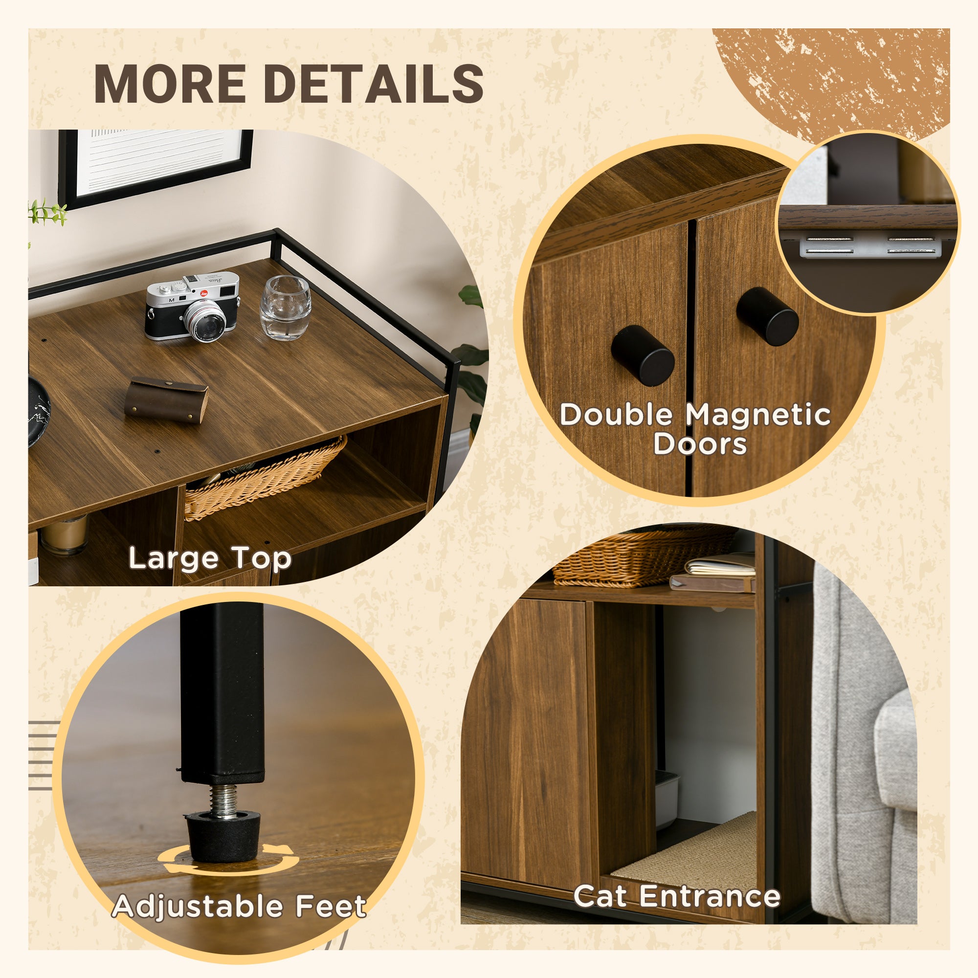 PawHut Hidden Cat Litter Box Enclosure with Storage Shelves, Cat Furniture Indoor Pet House Side Table with Scratching Pad, Double Doors, Brown