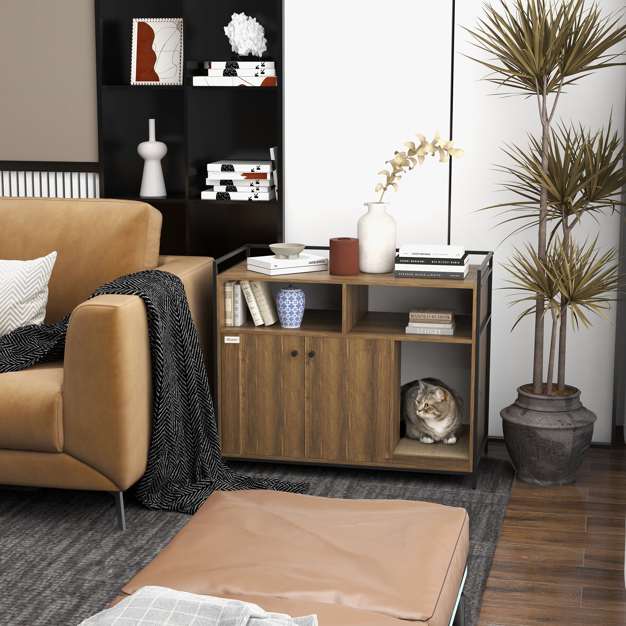 PawHut Hidden Cat Litter Box Enclosure with Storage Shelves, Cat Furniture Indoor Pet House Side Table with Scratching Pad, Double Doors, Brown