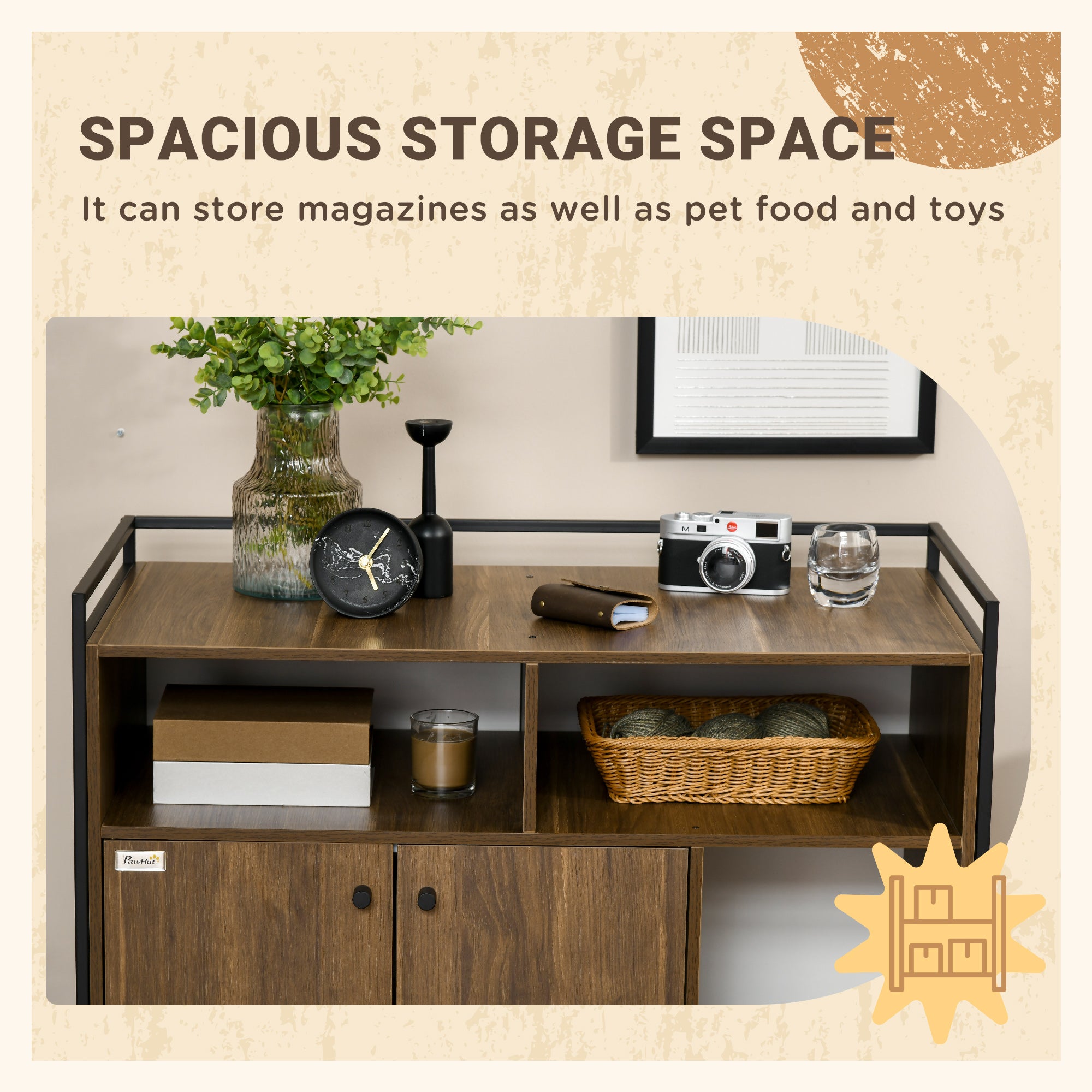 PawHut Hidden Cat Litter Box Enclosure with Storage Shelves, Cat Furniture Indoor Pet House Side Table with Scratching Pad, Double Doors, Brown