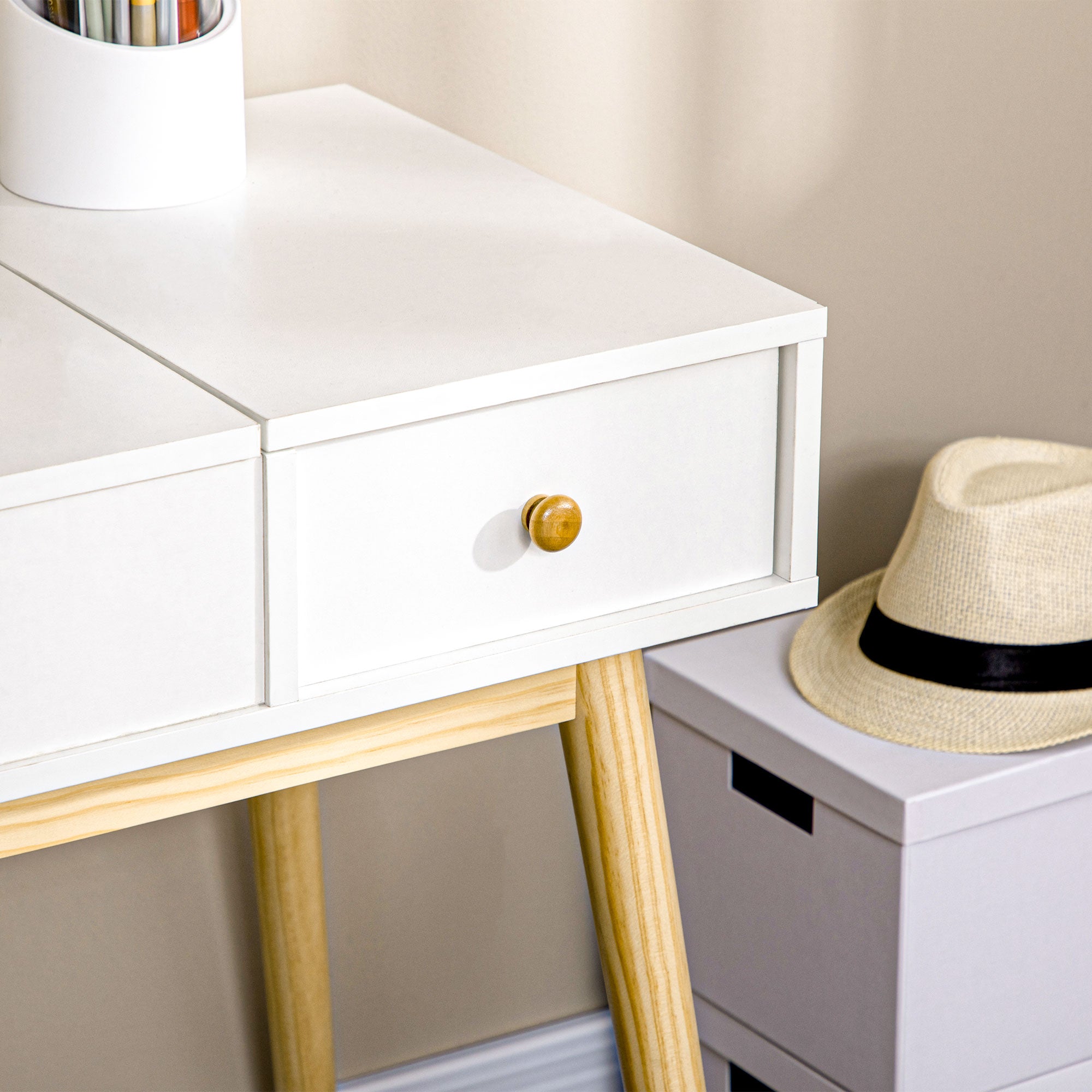 HOMCOM Dressing Table Set with Flip Top Mirror and Cushioned Stool, Makeup Vanity Dressing Table Writing Desk with 2 Drawers and Storage Grids for Bedroom (White)
