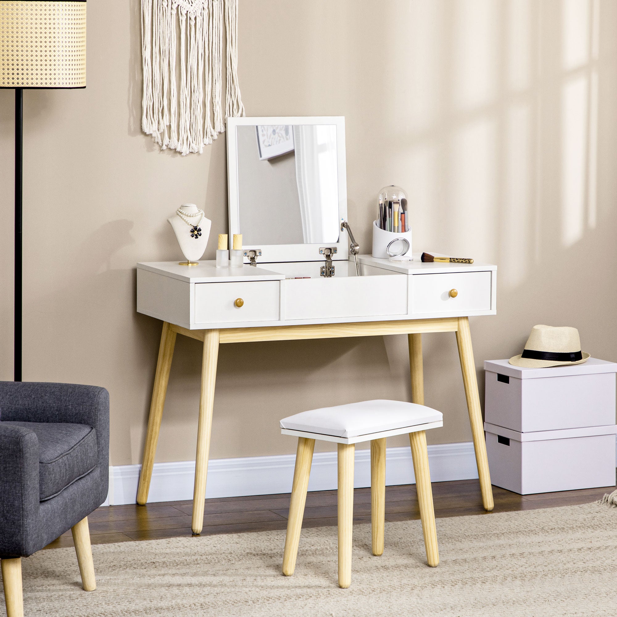 HOMCOM Dressing Table Set with Flip Top Mirror and Cushioned Stool, Makeup Vanity Dressing Table Writing Desk with 2 Drawers and Storage Grids for Bedroom (White)