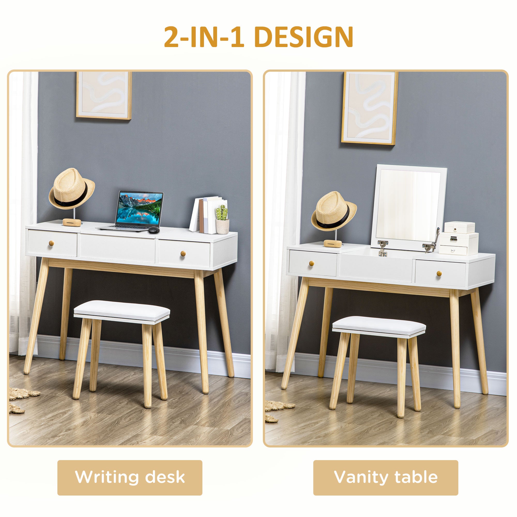 HOMCOM Dressing Table Set with Flip Top Mirror and Cushioned Stool, Makeup Vanity Dressing Table Writing Desk with 2 Drawers and Storage Grids for Bedroom (White)