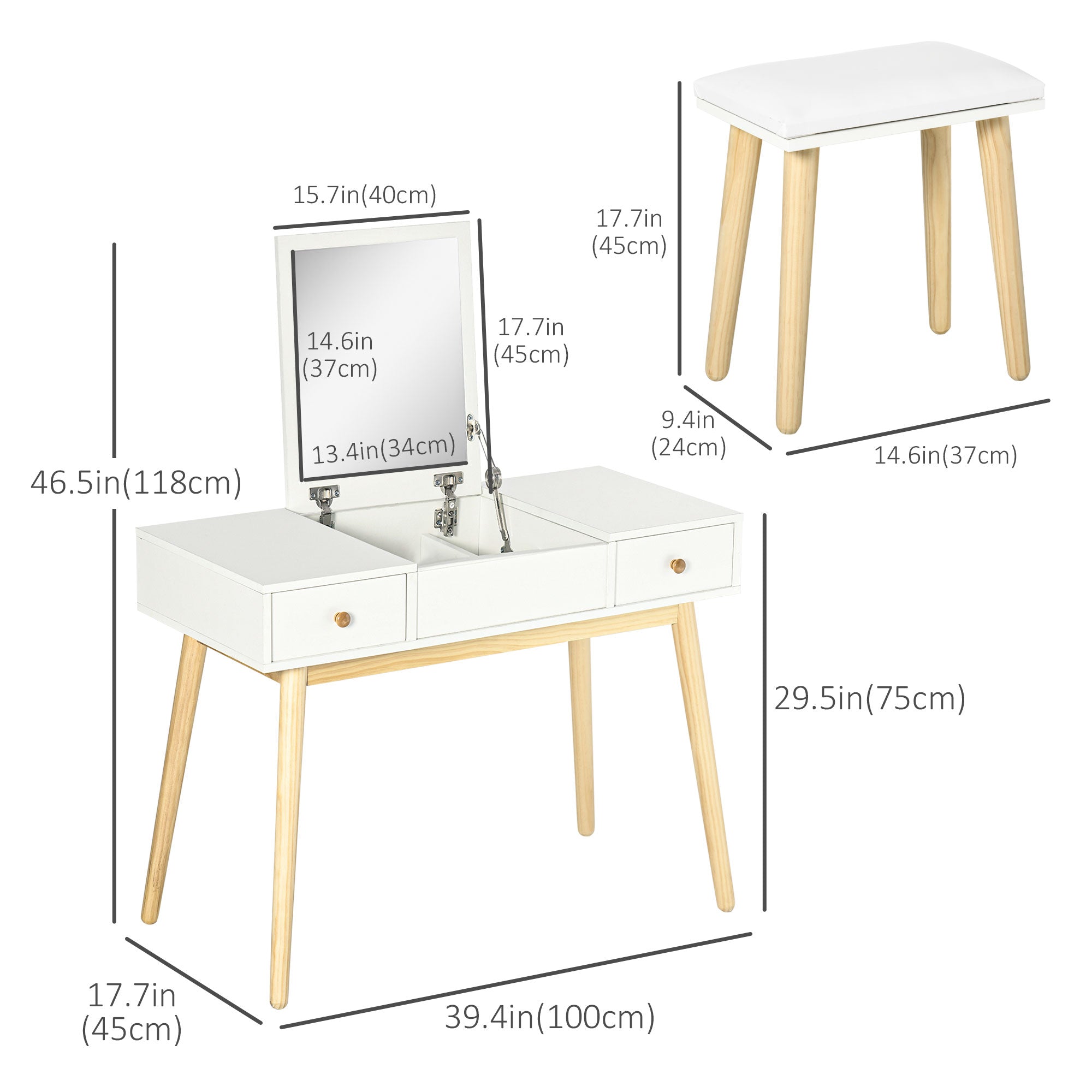HOMCOM Dressing Table Set with Flip Top Mirror and Cushioned Stool, Makeup Vanity Dressing Table Writing Desk with 2 Drawers and Storage Grids for Bedroom (White)