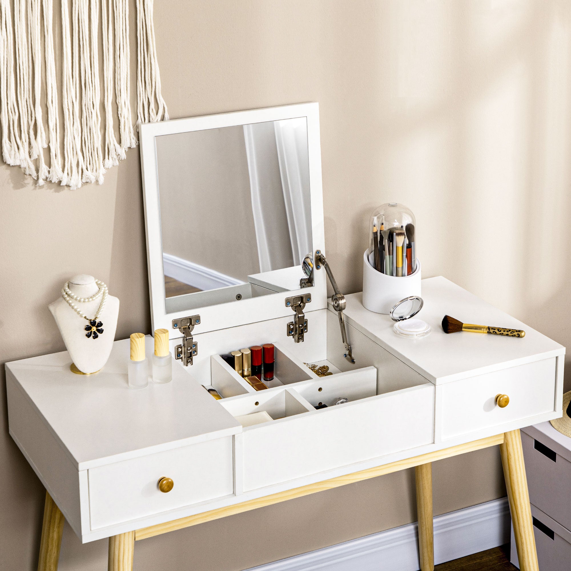 HOMCOM Dressing Table Set with Flip Top Mirror and Cushioned Stool, Makeup Vanity Dressing Table Writing Desk with 2 Drawers and Storage Grids for Bedroom (White)
