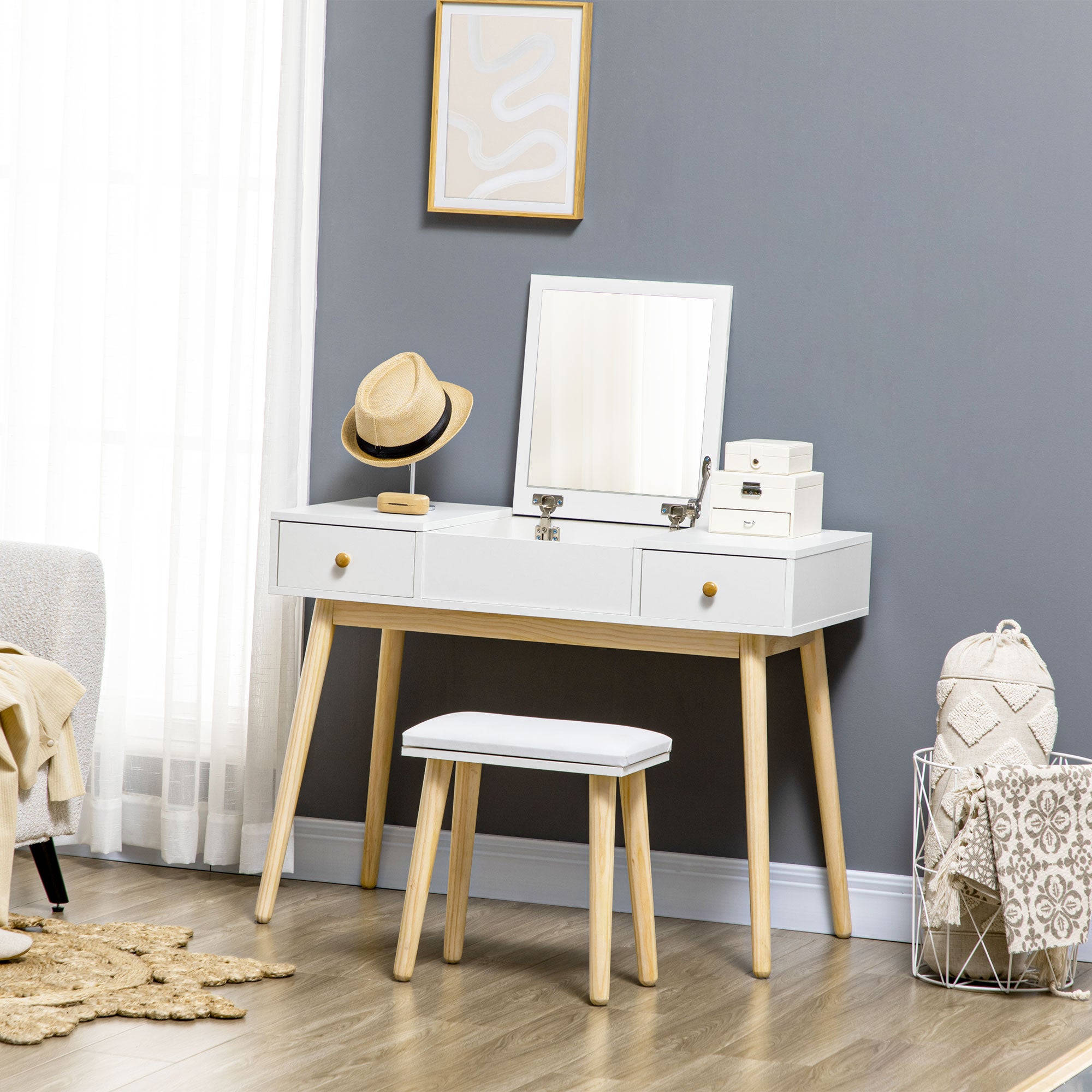 HOMCOM Dressing Table Set with Flip Top Mirror and Cushioned Stool, Makeup Vanity Dressing Table Writing Desk with 2 Drawers and Storage Grids for Bedroom (White)