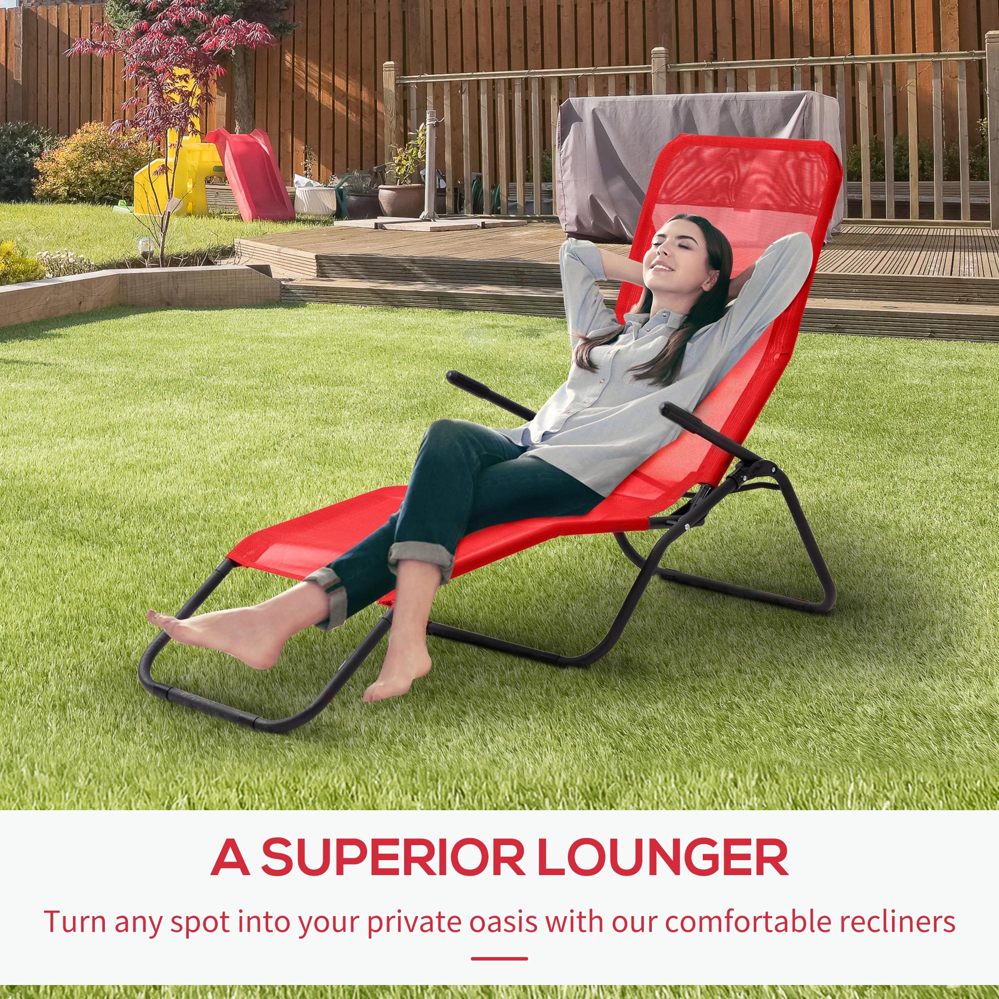 Outsunny Foldable Patio Lounge Chair, Outdoor Beach Lounger with Breathable Mesh Fabric, Zero Gravity Chair with Reclining, Footrests, and Armrests, for Garden, Pool, Red