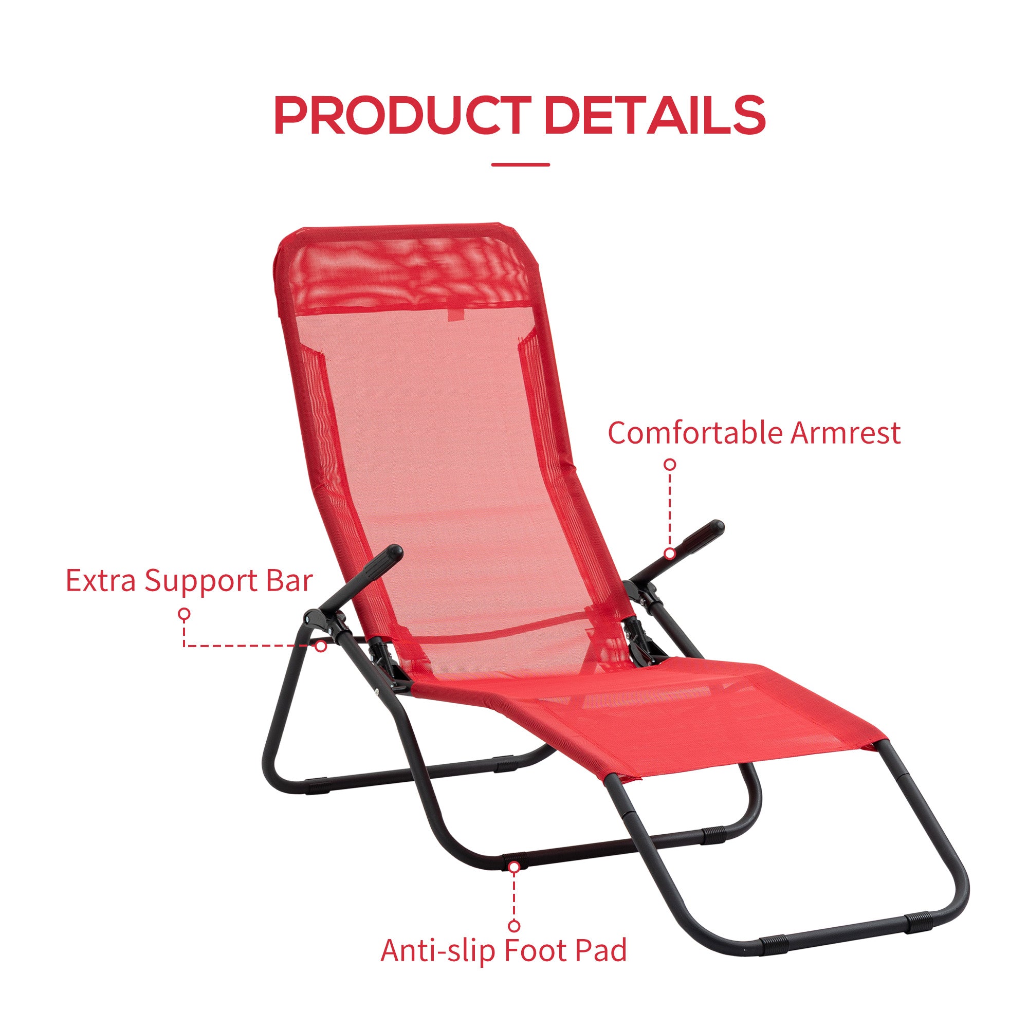 Outsunny Foldable Patio Lounge Chair, Outdoor Beach Lounger with Breathable Mesh Fabric, Zero Gravity Chair with Reclining, Footrests, and Armrests, for Garden, Pool, Red