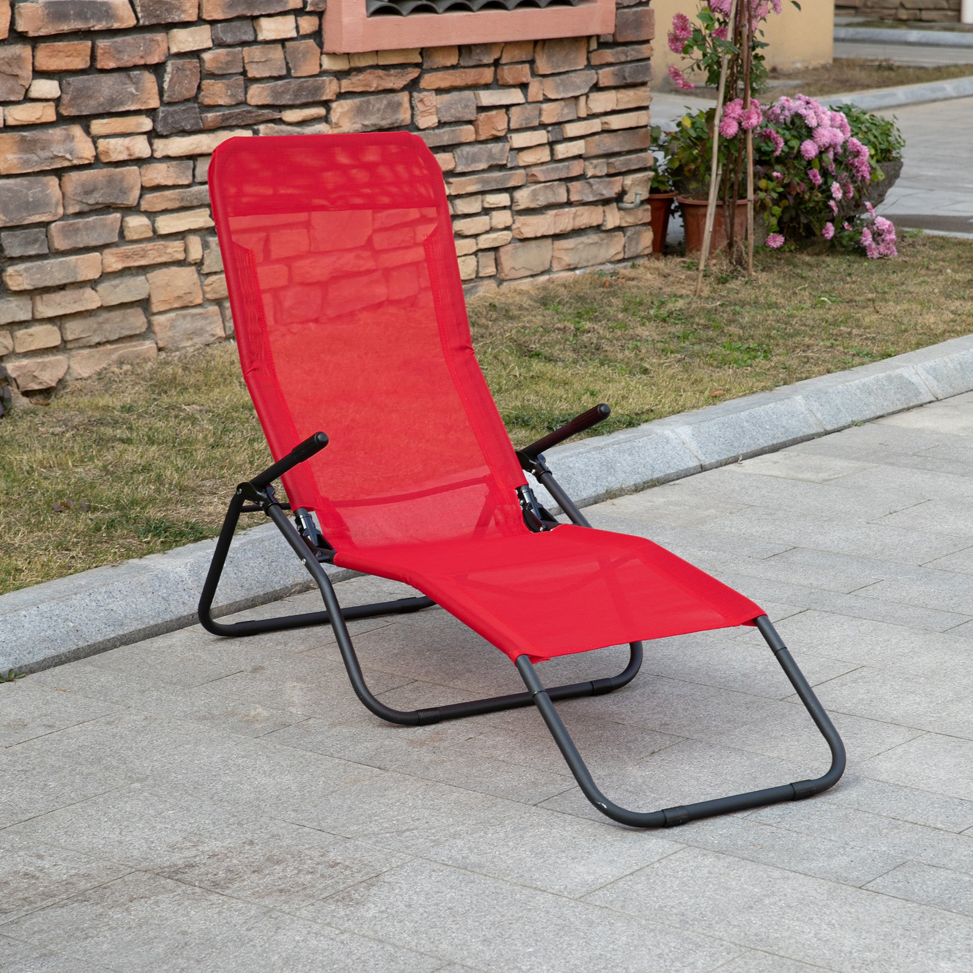 Outsunny Foldable Patio Lounge Chair, Outdoor Beach Lounger with Breathable Mesh Fabric, Zero Gravity Chair with Reclining, Footrests, and Armrests, for Garden, Pool, Red