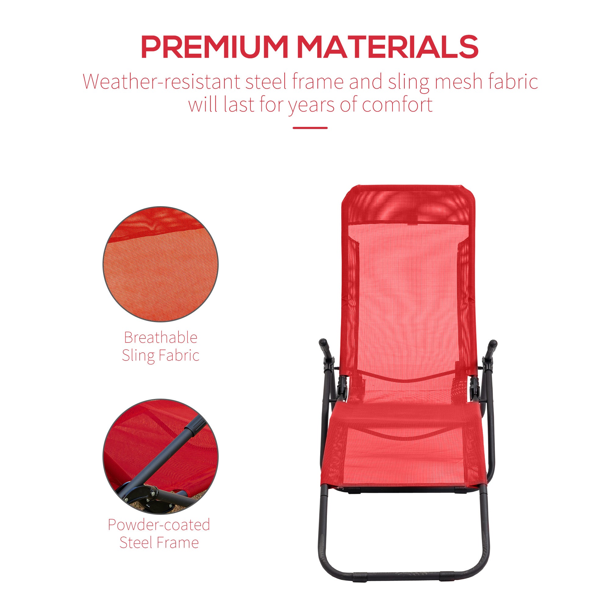Outsunny Foldable Patio Lounge Chair, Outdoor Beach Lounger with Breathable Mesh Fabric, Zero Gravity Chair with Reclining, Footrests, and Armrests, for Garden, Pool, Red