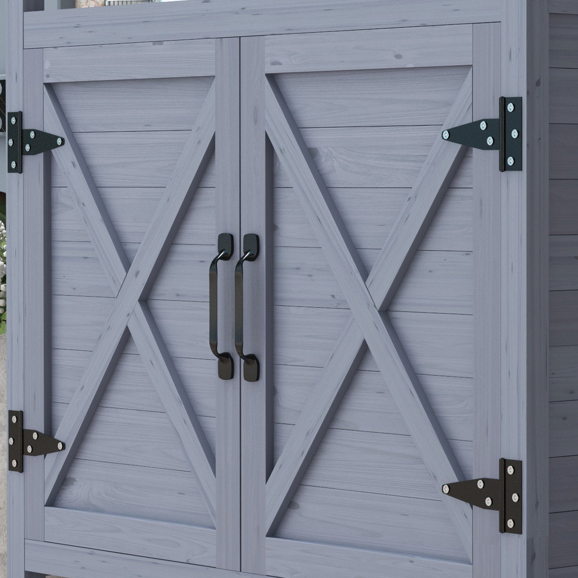 Outsunny Outdoor Potting Bench, Wooden Potting Table with Storage Cabinet, Aluminum Table Top, Rubber Wheels for Backyard, Patio, Balcony, Grey