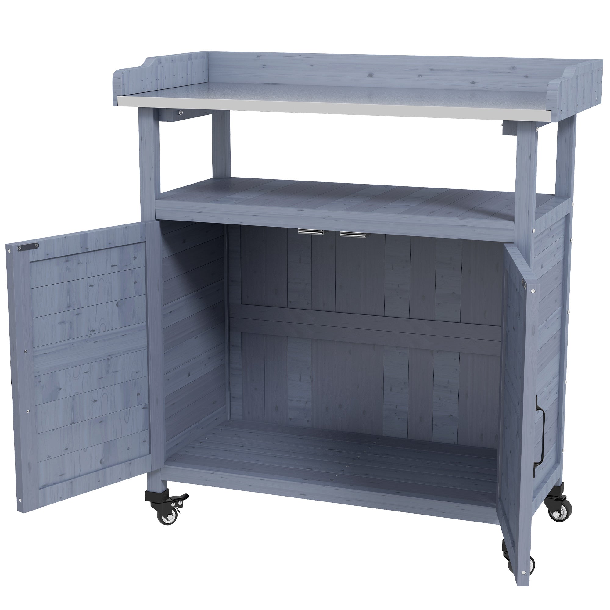 Outsunny Outdoor Potting Bench, Wooden Potting Table with Storage Cabinet, Aluminum Table Top, Rubber Wheels for Backyard, Patio, Balcony, Grey
