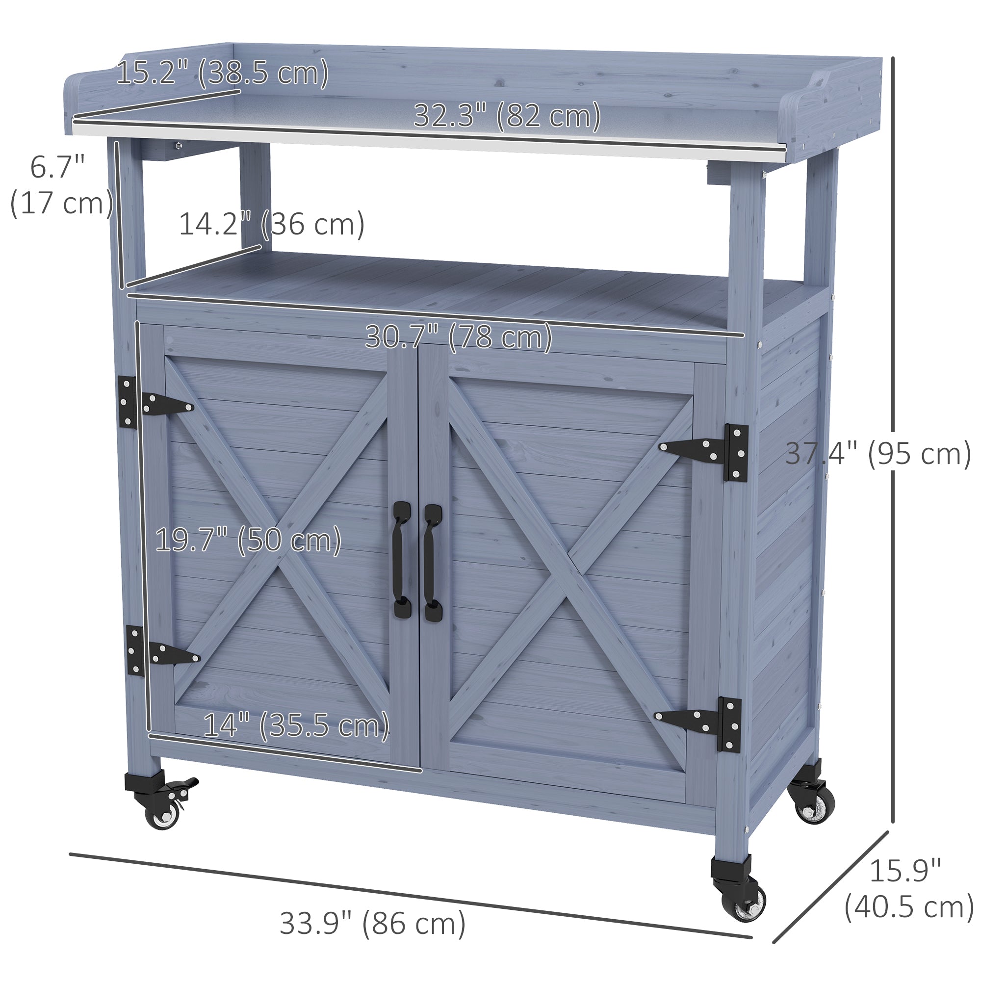 Outsunny Outdoor Potting Bench, Wooden Potting Table with Storage Cabinet, Aluminum Table Top, Rubber Wheels for Backyard, Patio, Balcony, Grey
