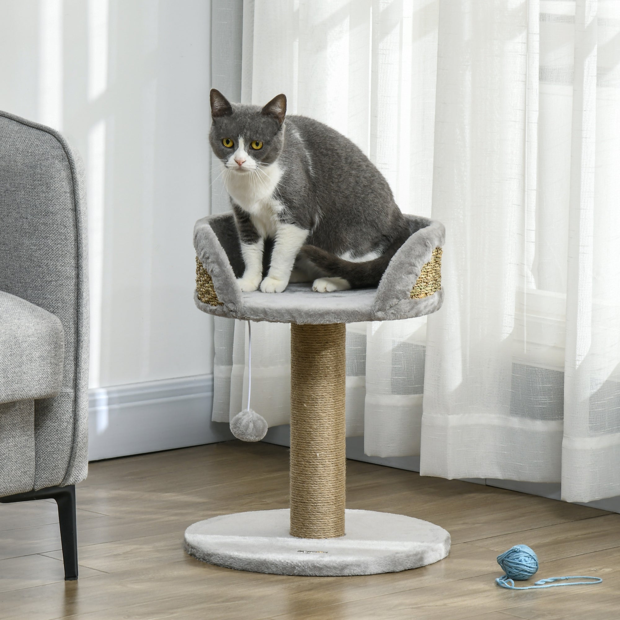 PawHut Small Cat Tree with Scratching Post, Perch, Toy Ball, Cat Tower for Indoor Cats - 16" x 16" x 19", Grey