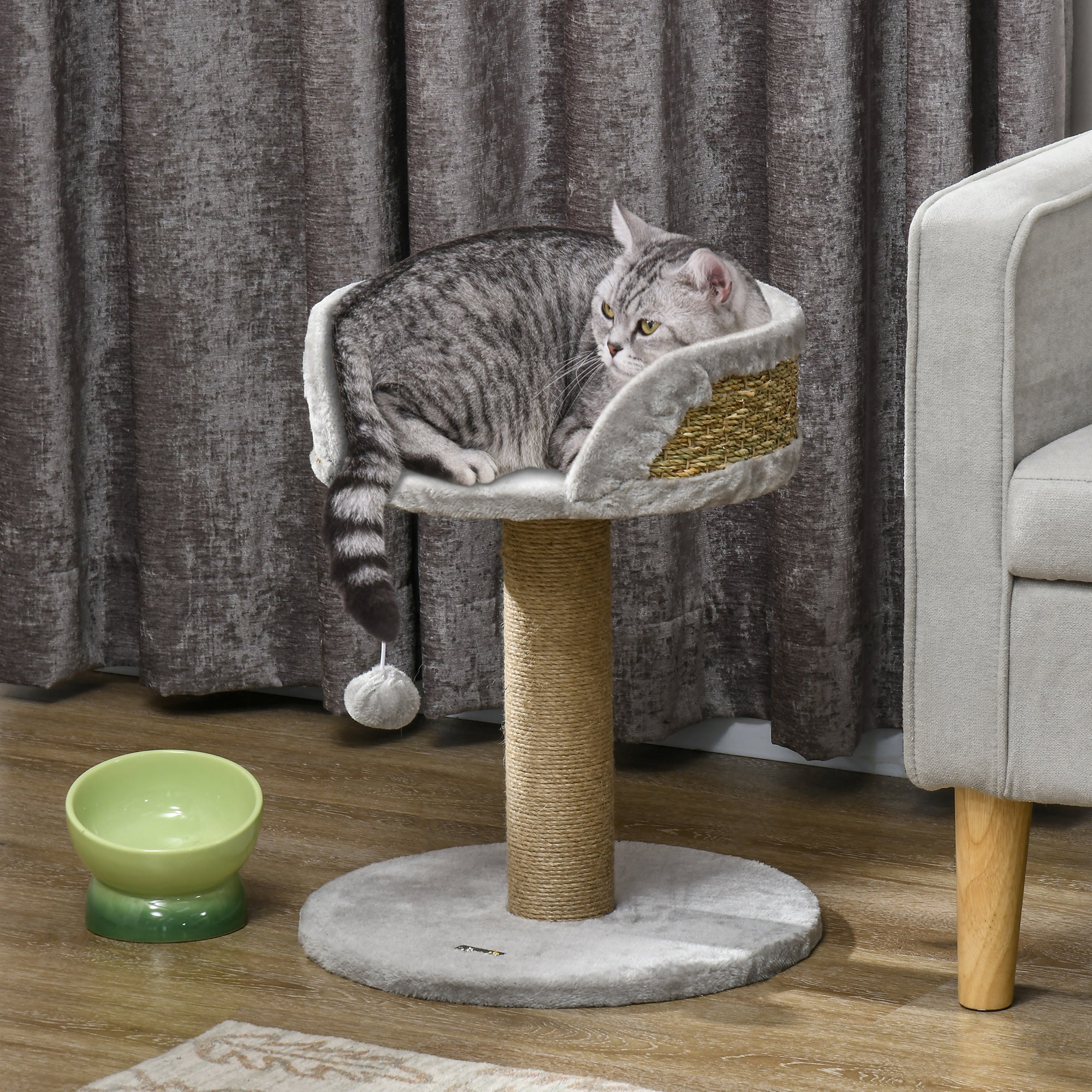 PawHut Small Cat Tree with Scratching Post, Perch, Toy Ball, Cat Tower for Indoor Cats - 16" x 16" x 19", Grey