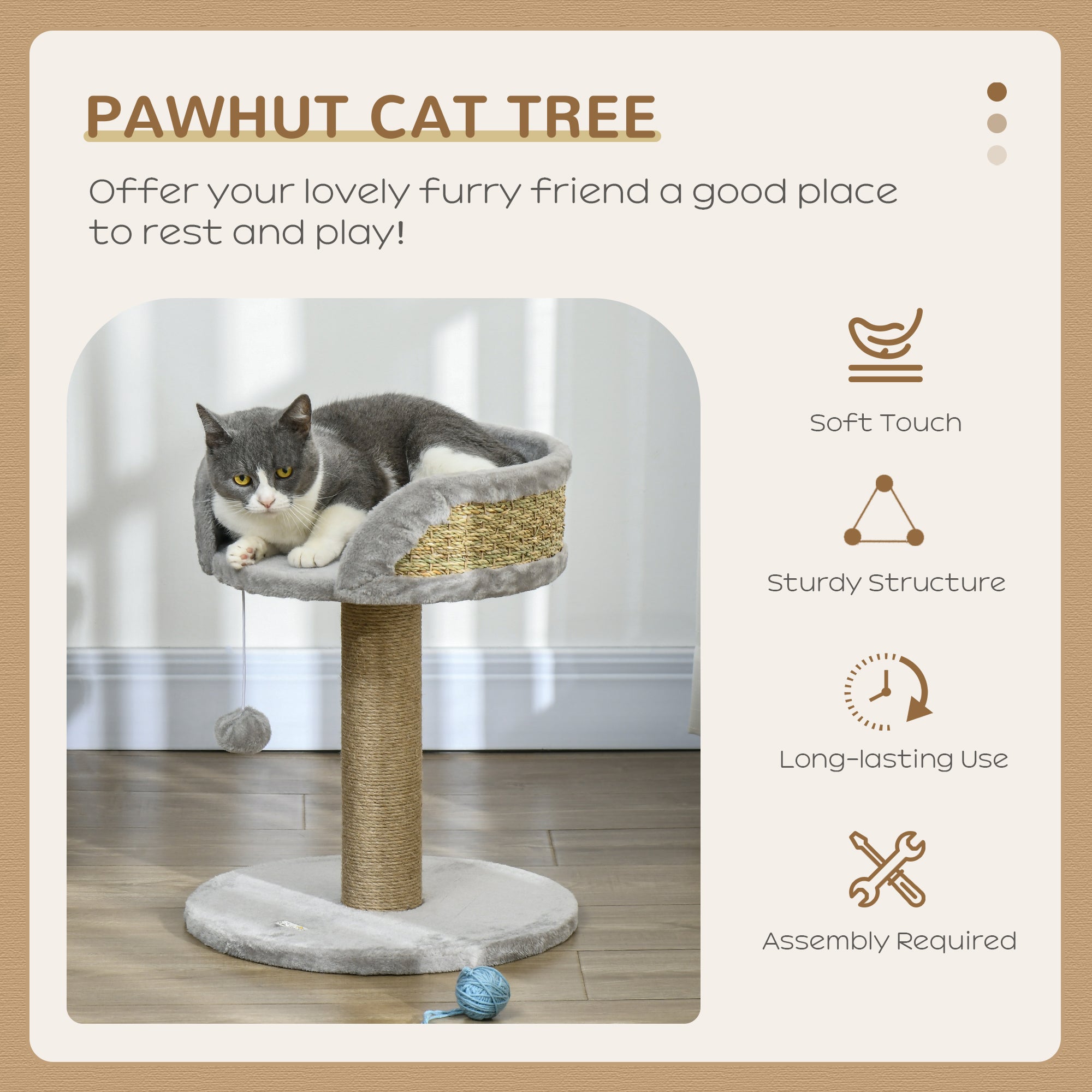 PawHut Cat Tree Cat Scratching Post for Indoor Cats Kitten Play Tower Activity Centre Climbing Stand with Dangling Ball Grey