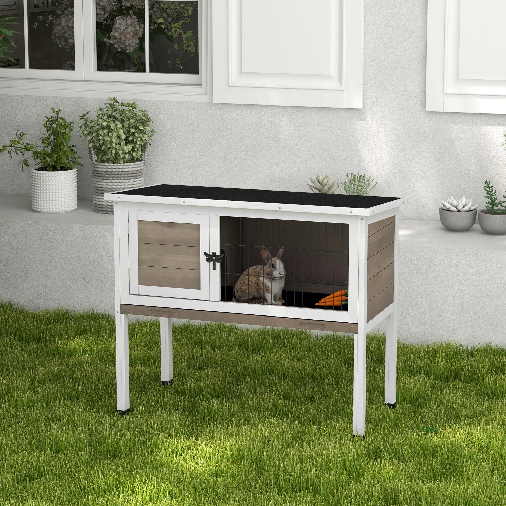 Pawhut Wooden Guinea Pig Hutch, Small Animal Cage with Slide-out Tray, Openable Asphalt Roof, 84 x 43 x 70cm, Brown