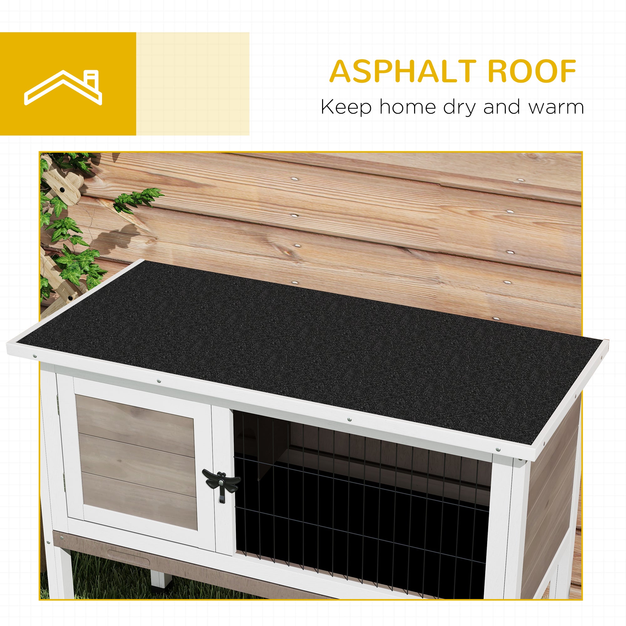 Pawhut Wooden Guinea Pig Hutch, Small Animal Cage with Slide-out Tray, Openable Asphalt Roof, 84 x 43 x 70cm, Brown