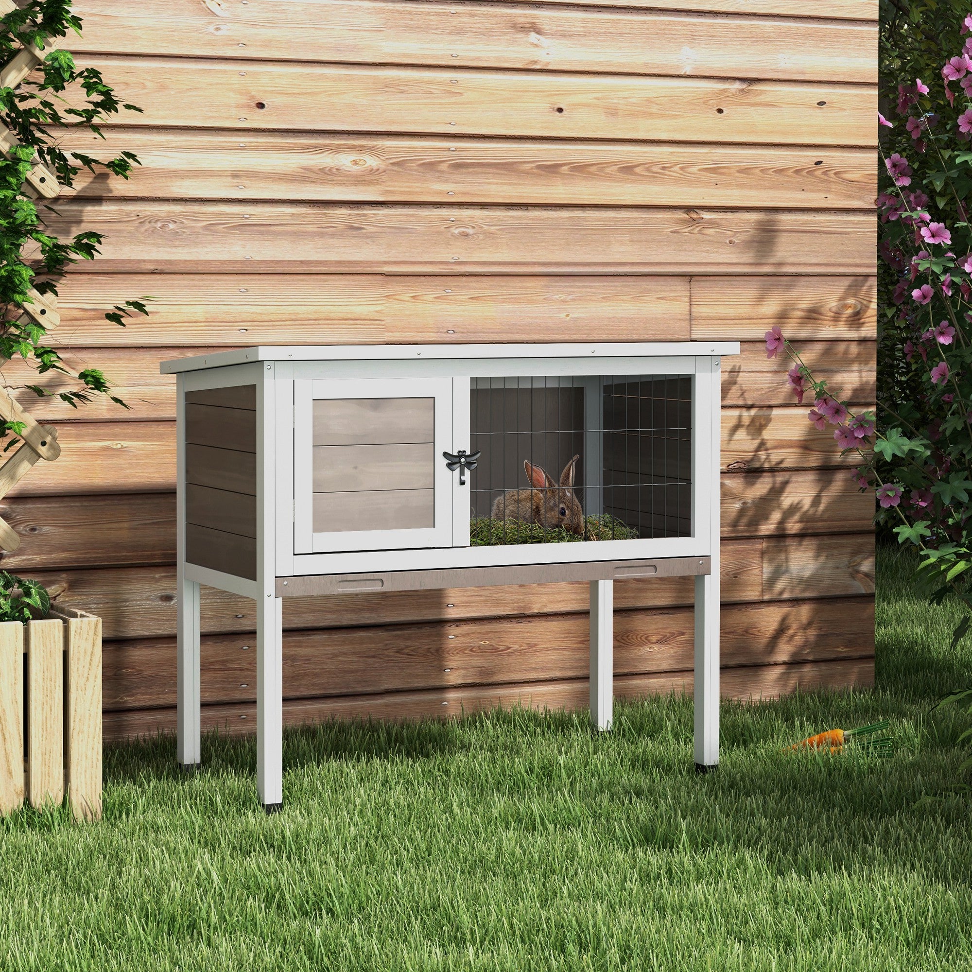Pawhut Wooden Guinea Pig Hutch, Small Animal Cage with Slide-out Tray, Openable Asphalt Roof, 84 x 43 x 70cm, Brown
