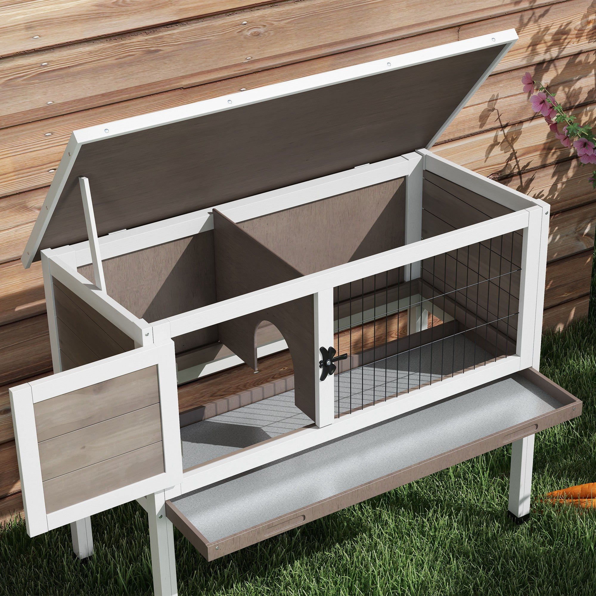 PawHut Wooden Rabbit Hutch Bunny Small Animal House with Openable Asphalt Roof, Slide-out Tray, Indoor/Outdoor, Brown
